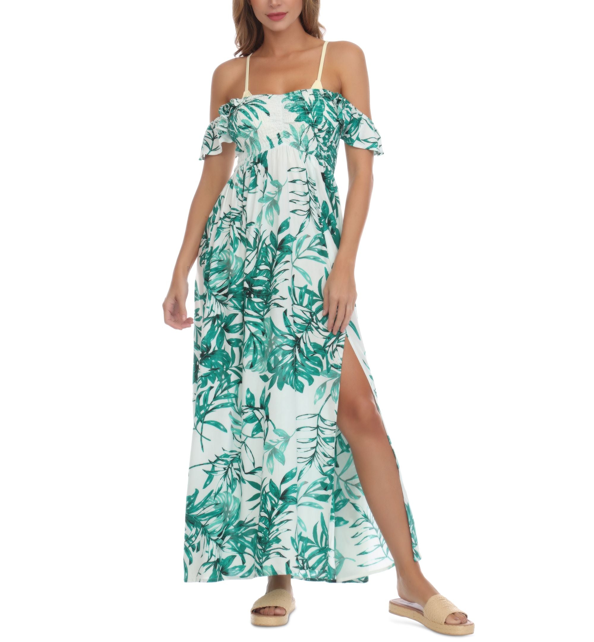 Women's Printed Smocked Off-The-Shoulder Swim Cover-Up Dress