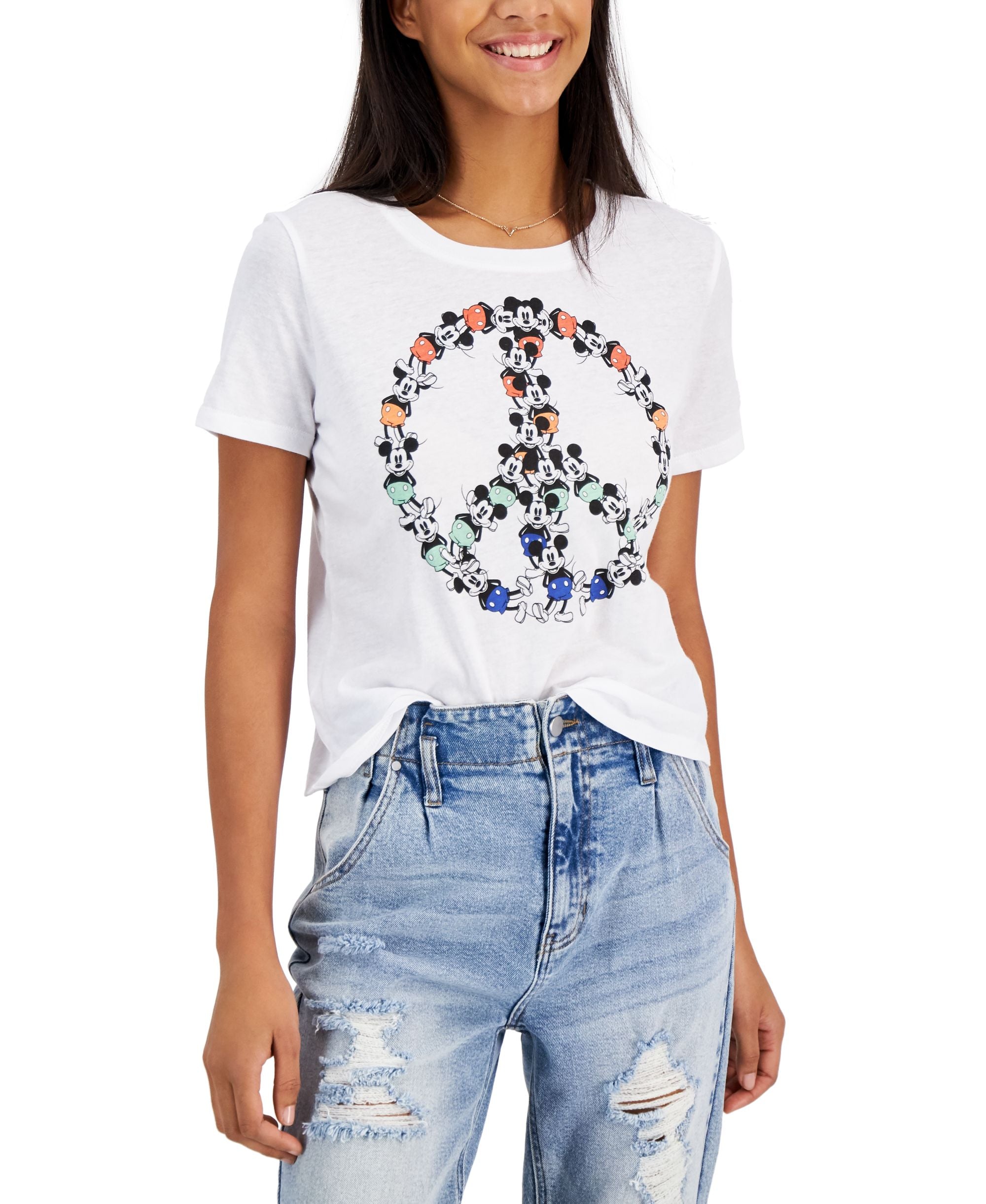Juniors' Mickey Mouse Peace-Sign Graphic T-Shirt