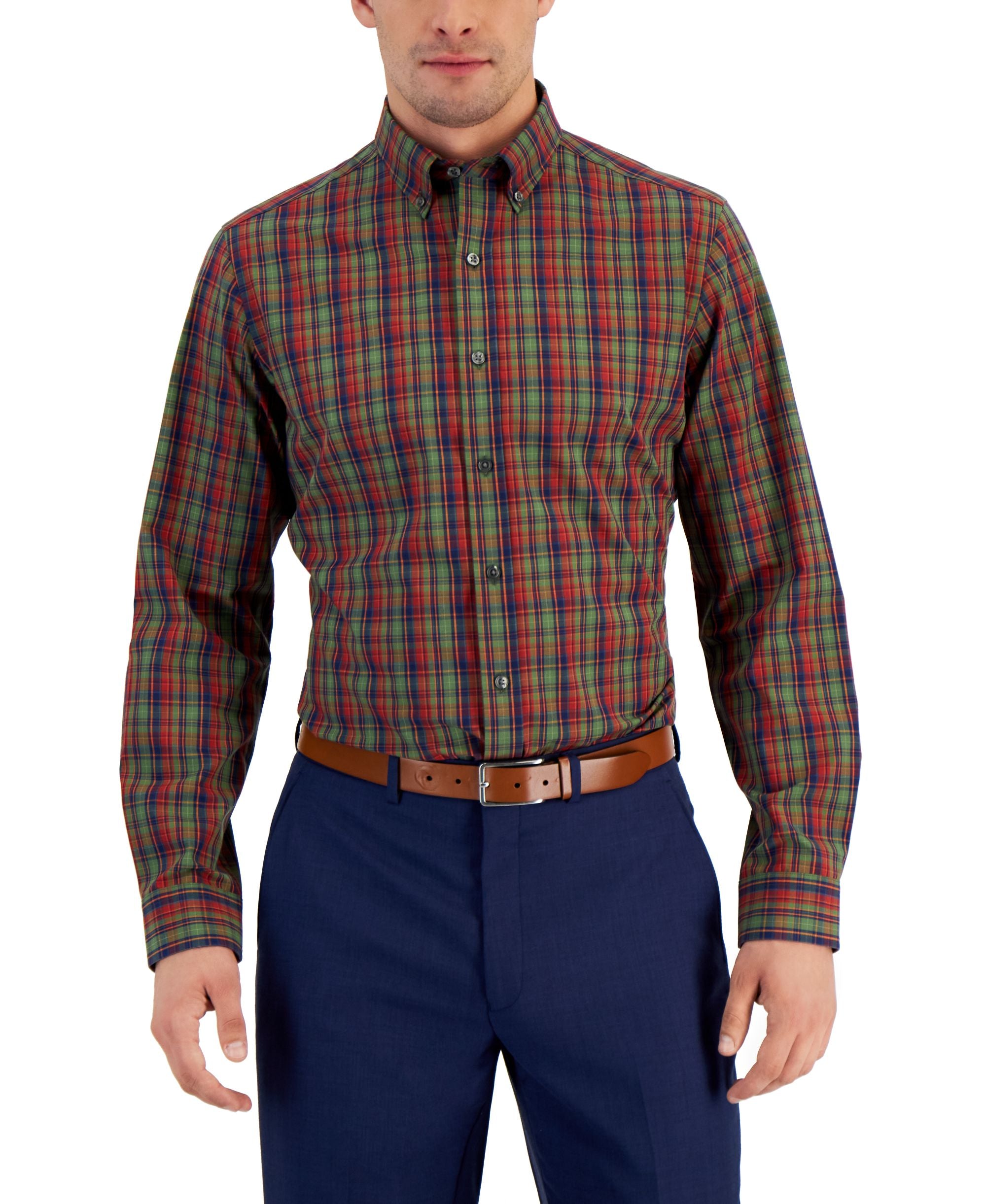 Men's Slim Fit 4-Way Stretch Plaid Dress Shirt