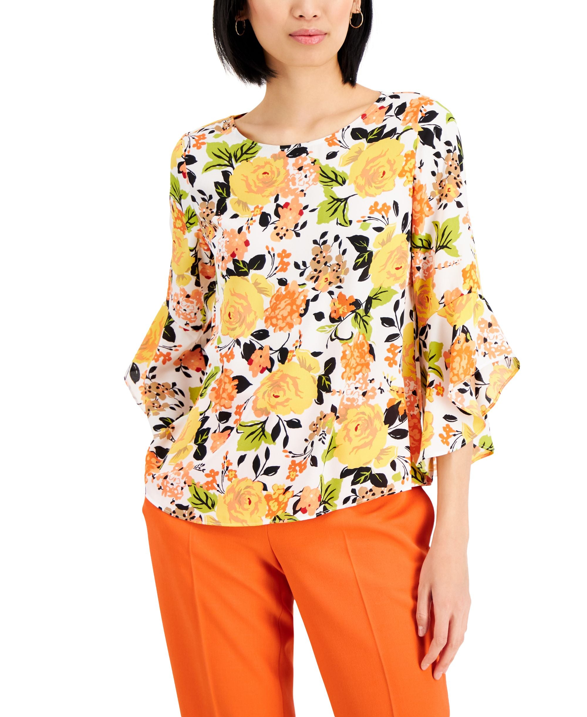 Kasper Petite Floral Bell Sleeve Blouse