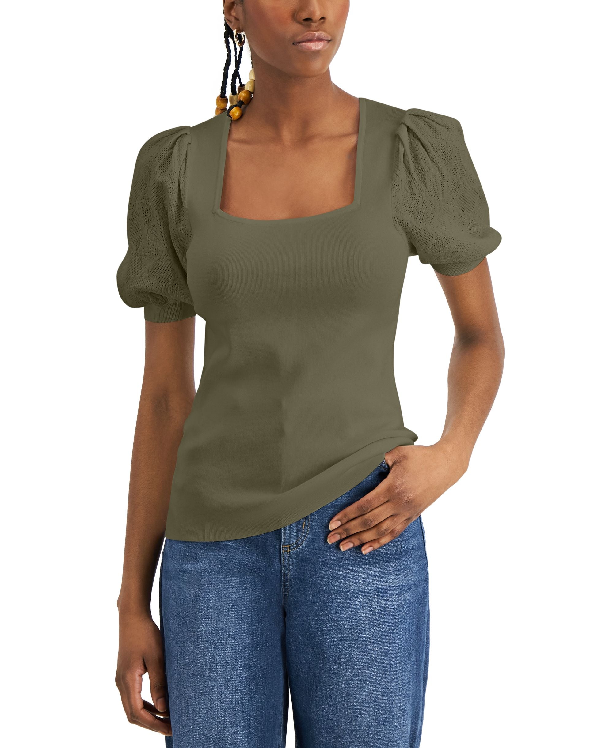 INC International Concepts Womens Pointelle Sleeve Sweater