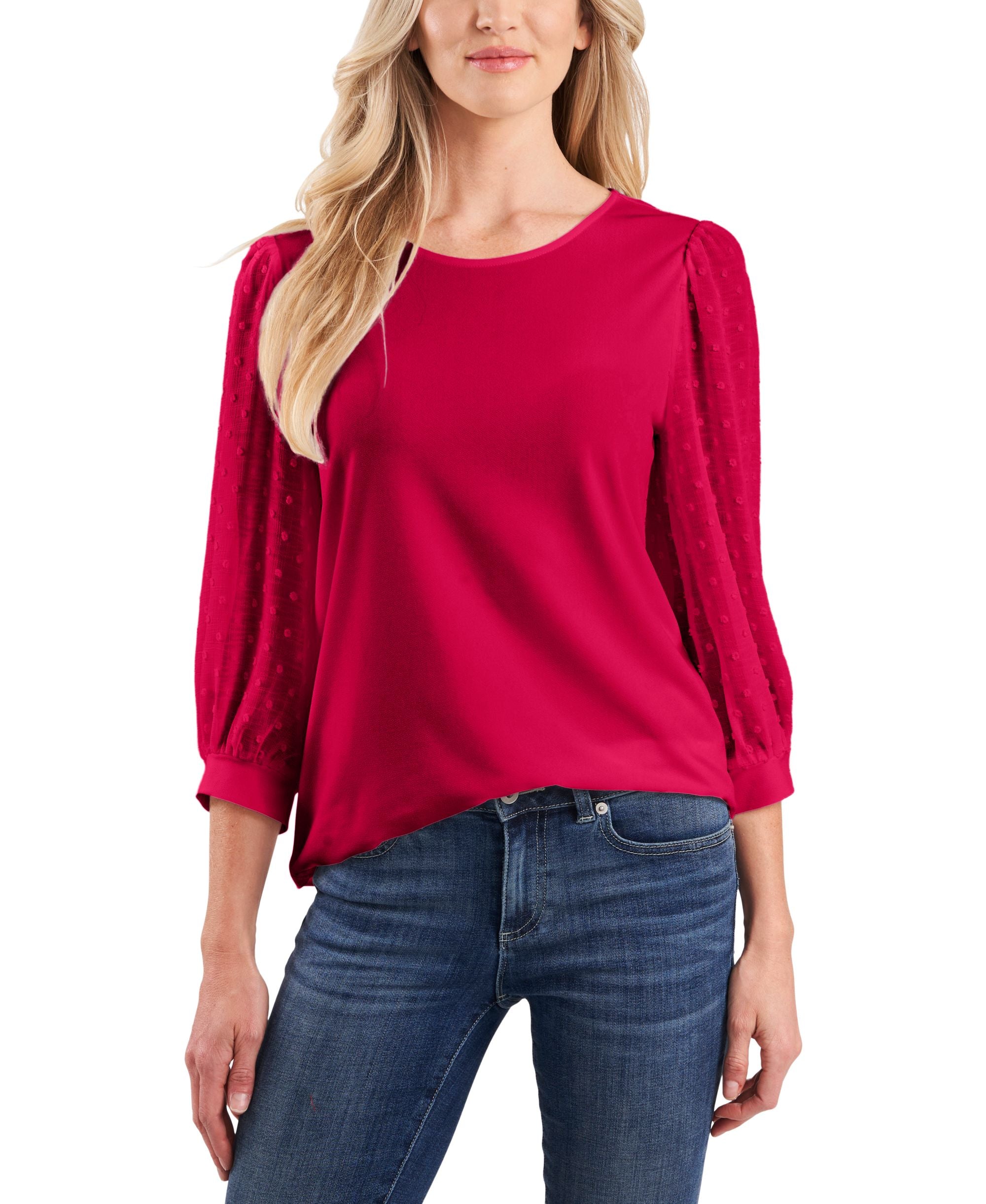 Women's Clip-Dot Sleeve Mixed-Media Knit Top