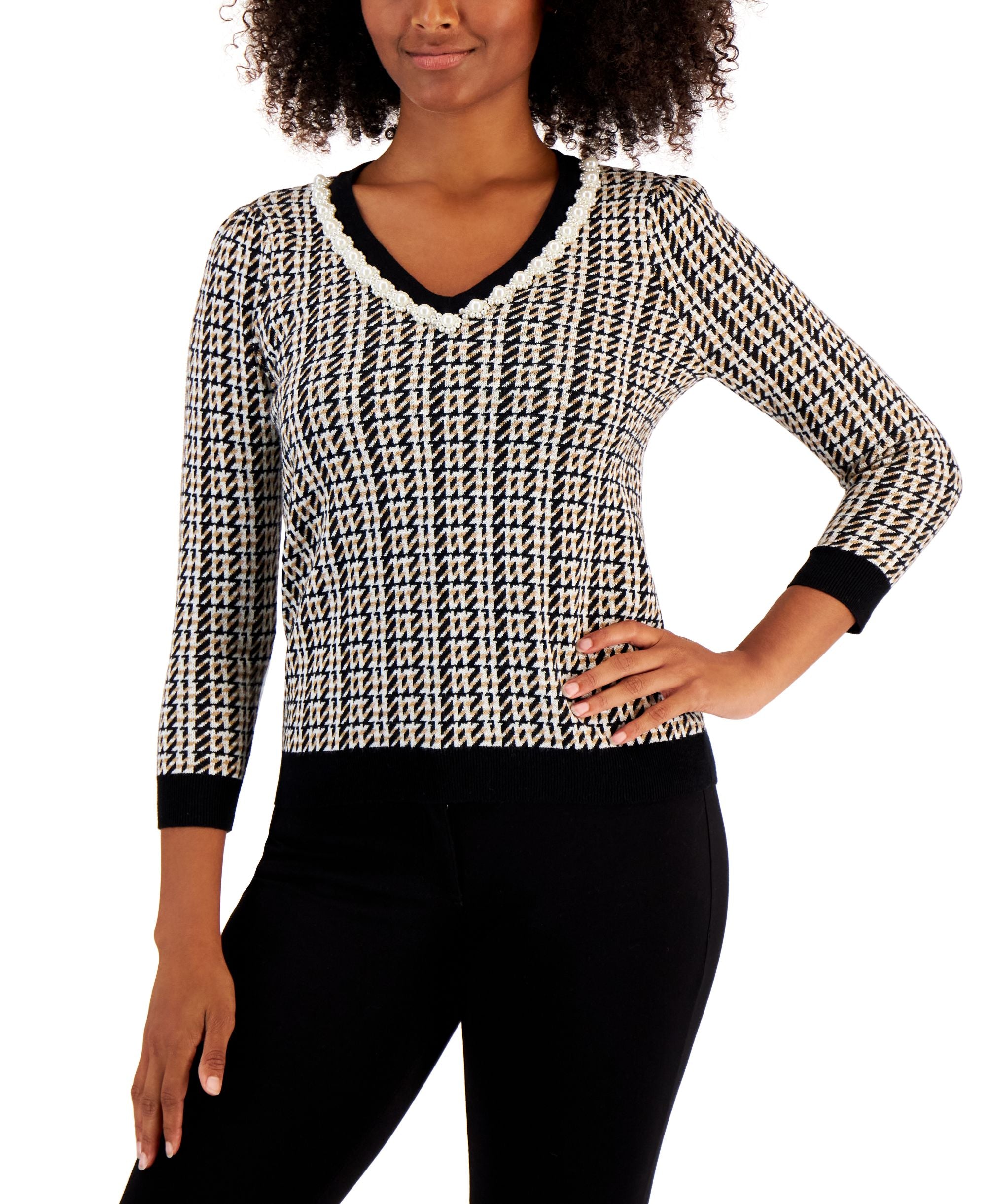 Charter Club Womens Imitation Pearl Neck Sweater
