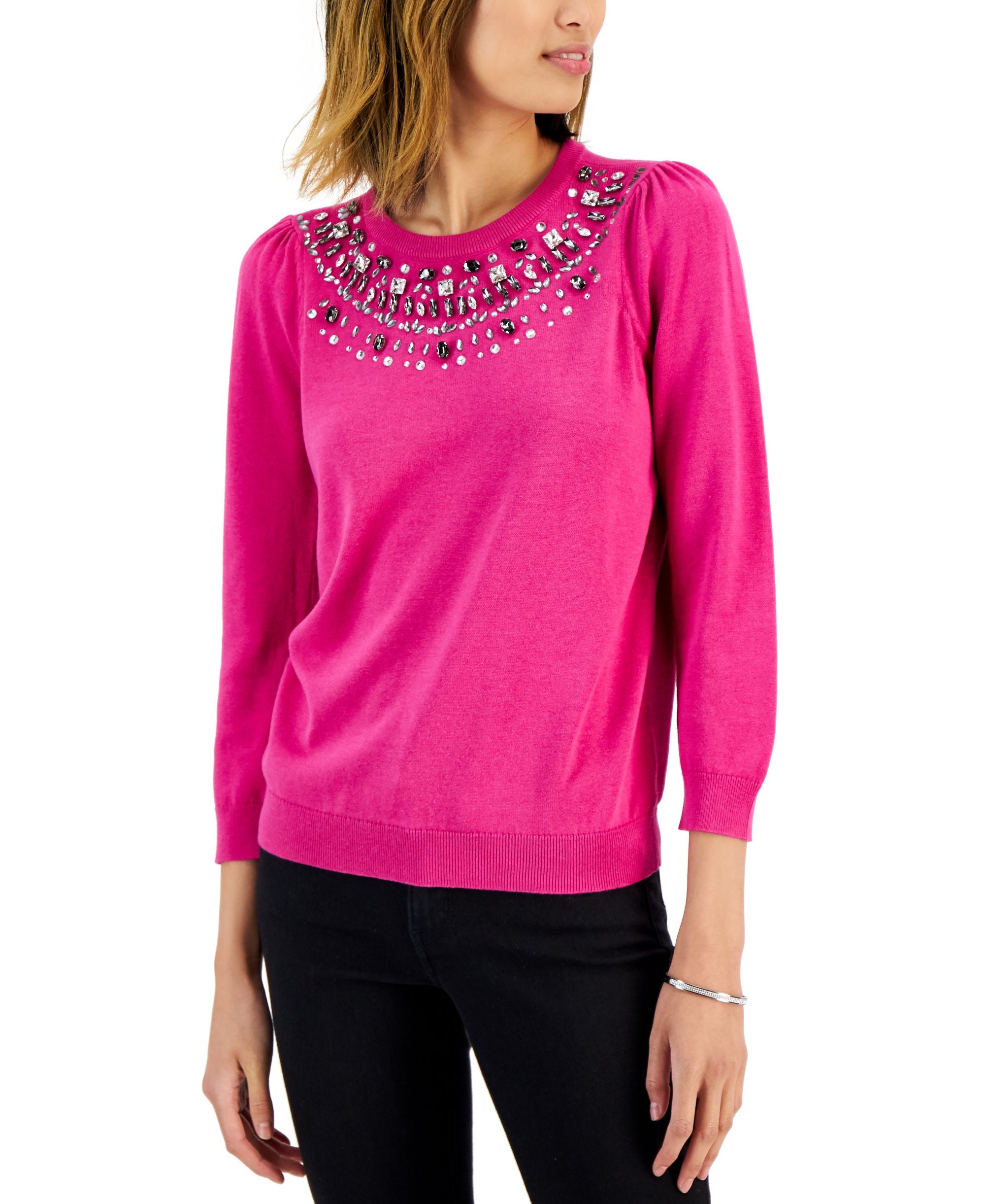 Charter Club Womens Embellished Puff Sleeve Sweater