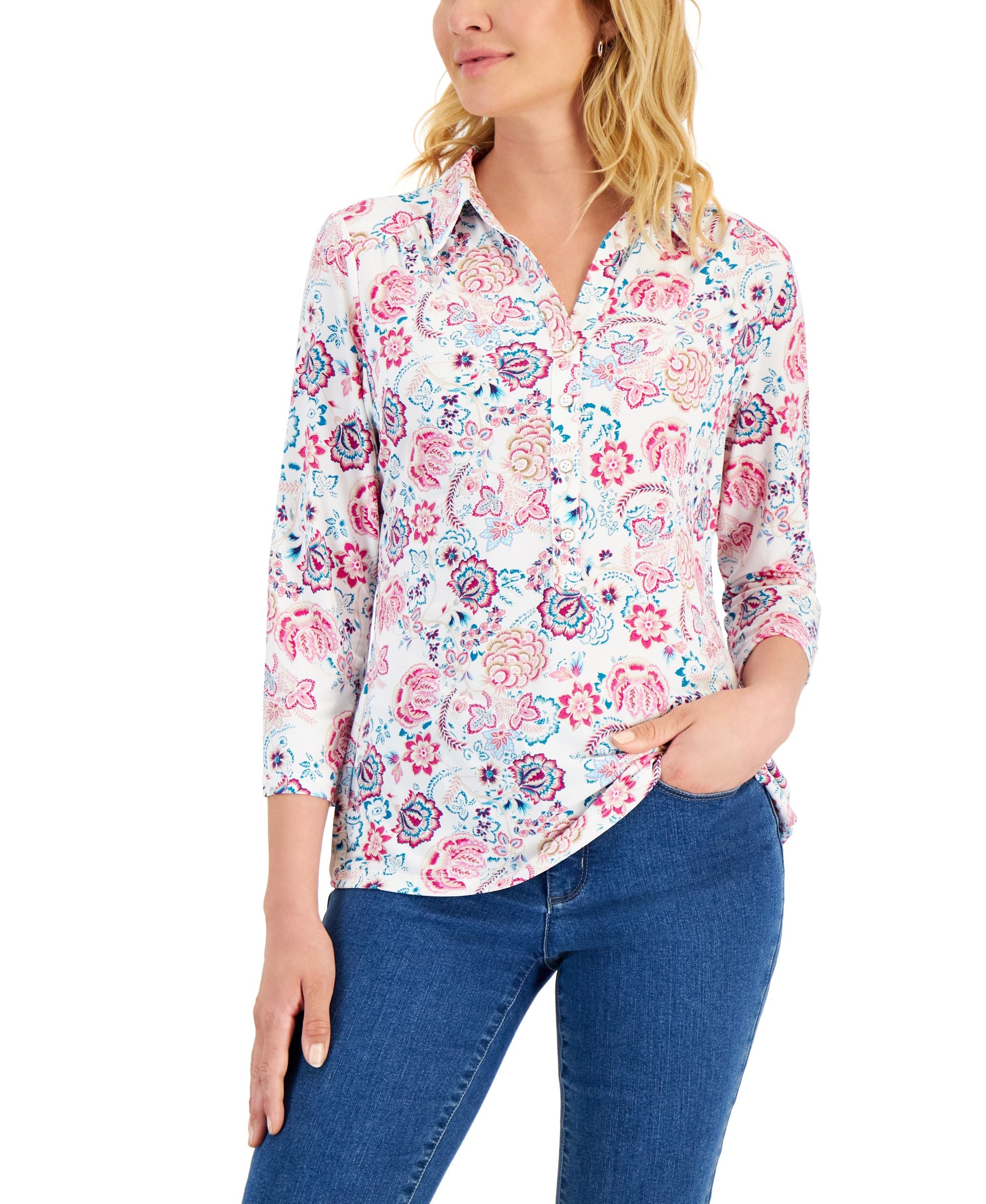 Charter Club Womens Cottage Floral Printed Polo017