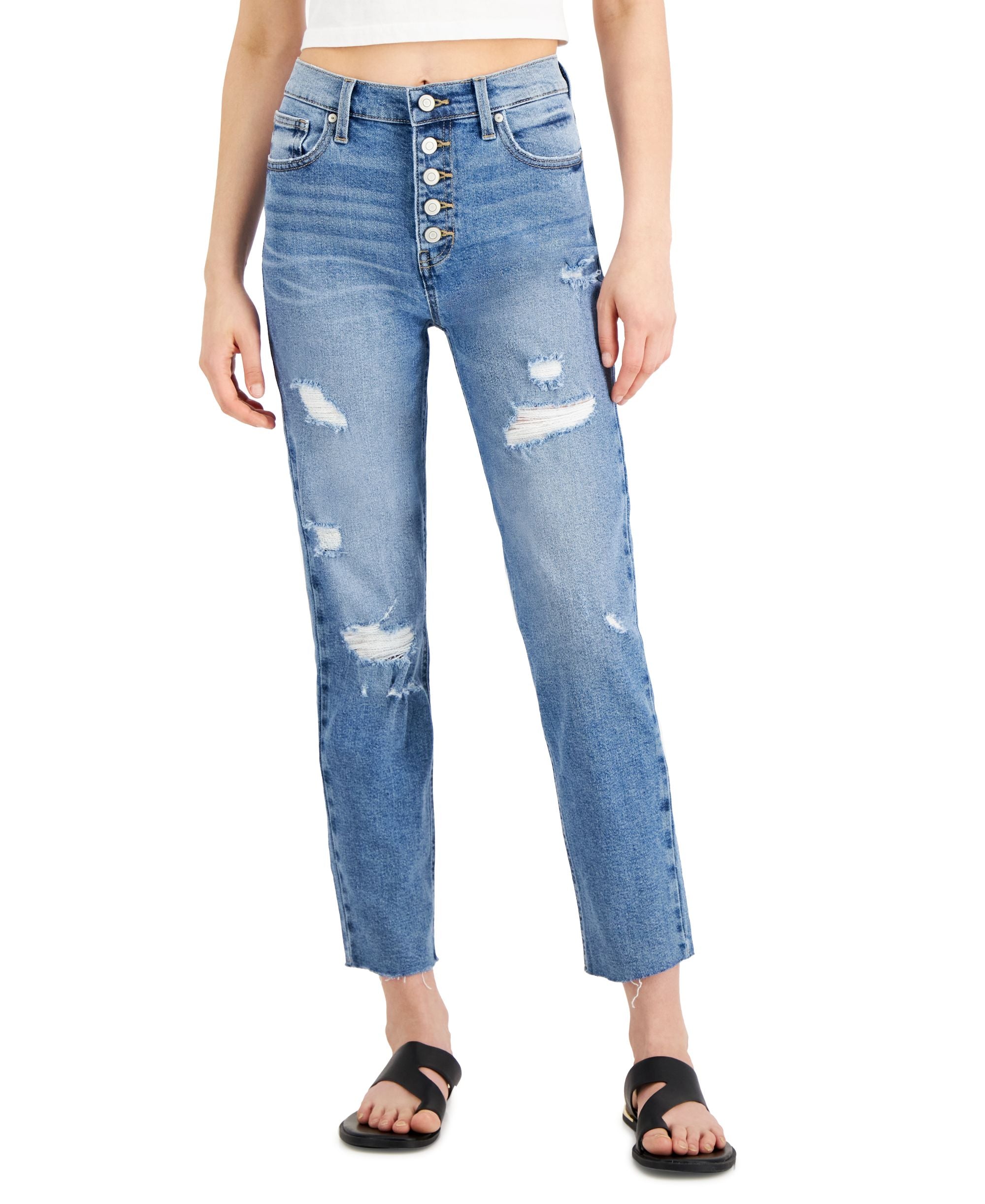 Juniors' Ripped Button-Fly Jeans