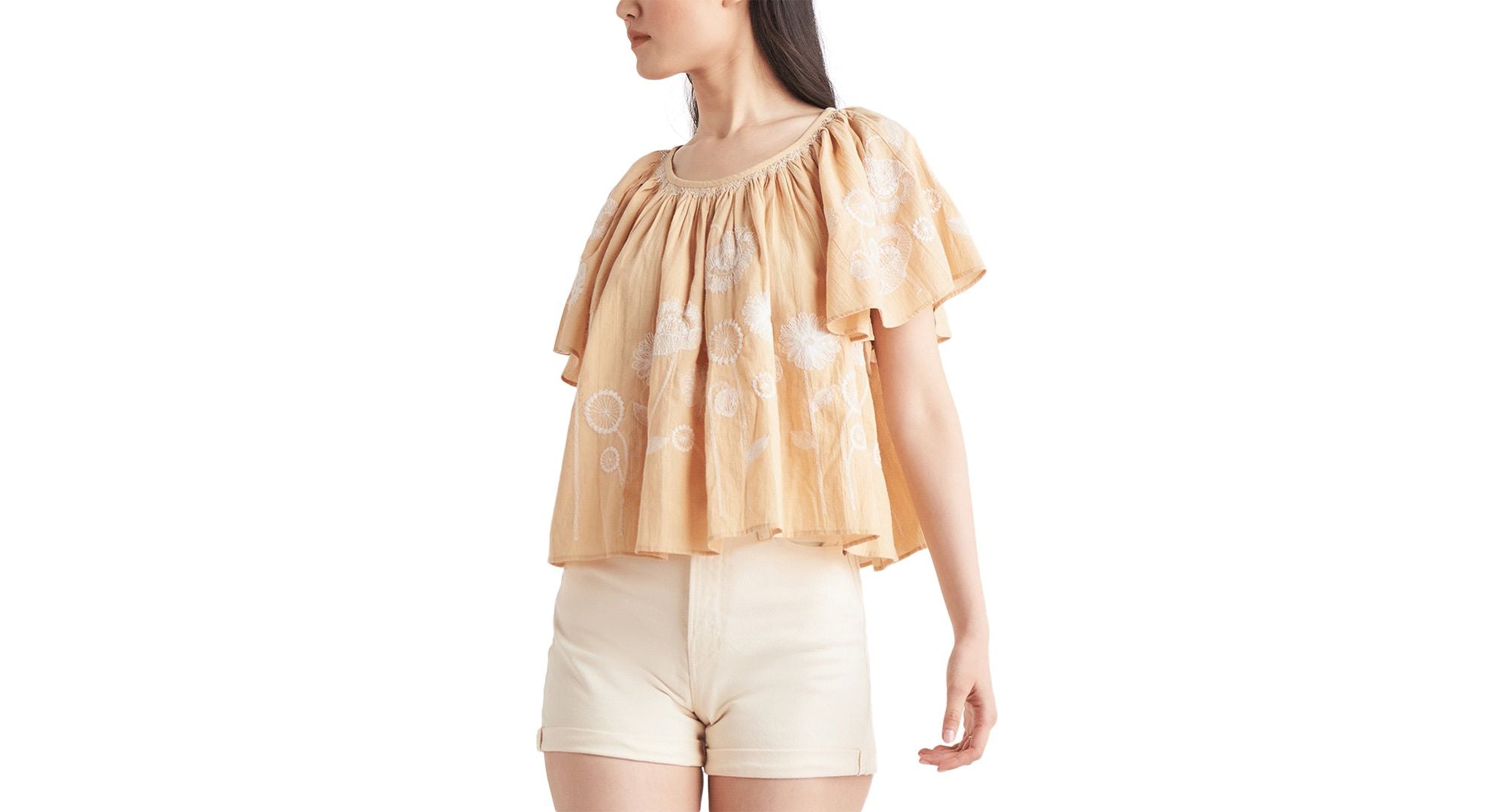 Petite Cotton Embroidered Flutter-Sleeve Top