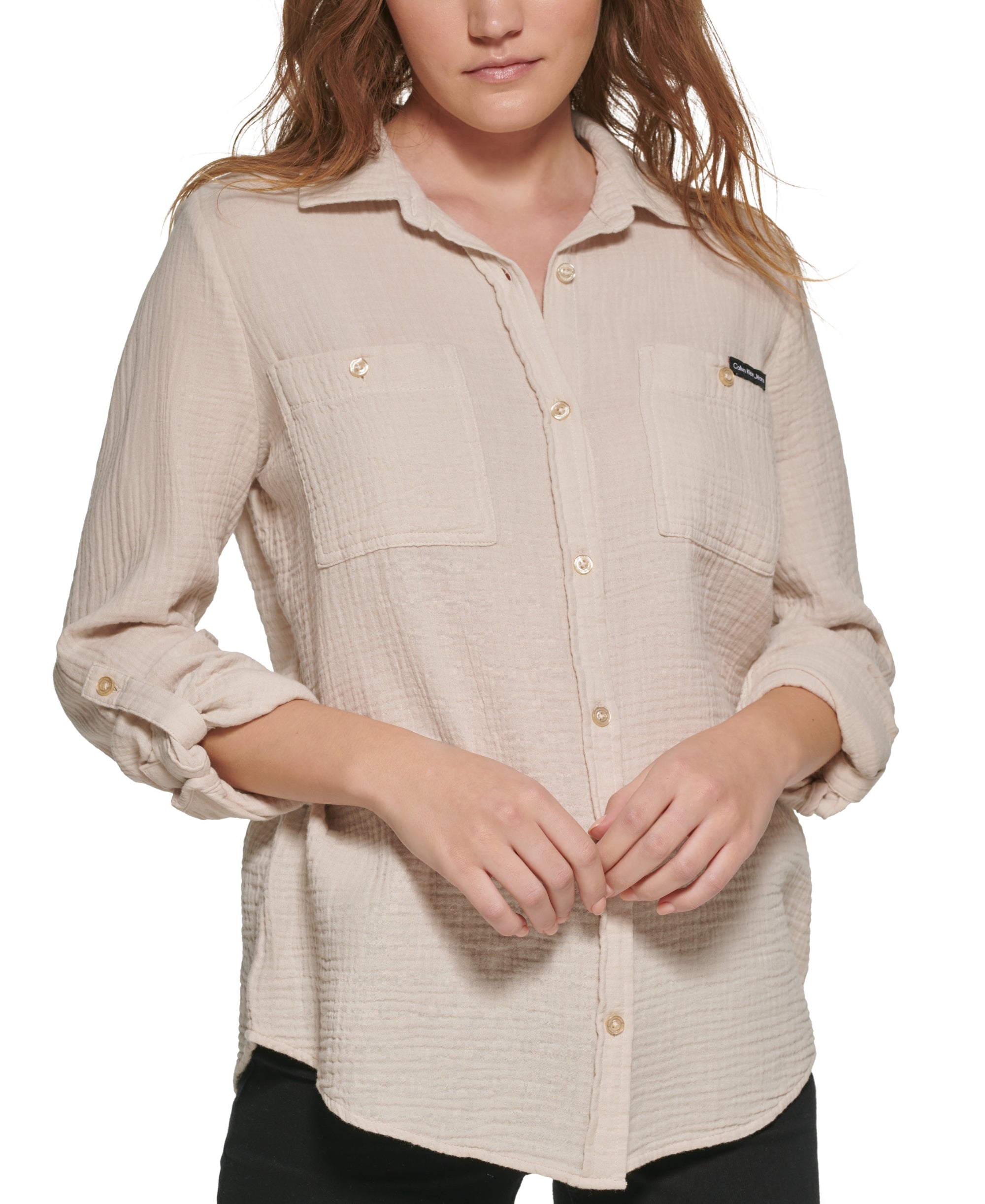 Petite Cotton Crepe Button-Front Shirt