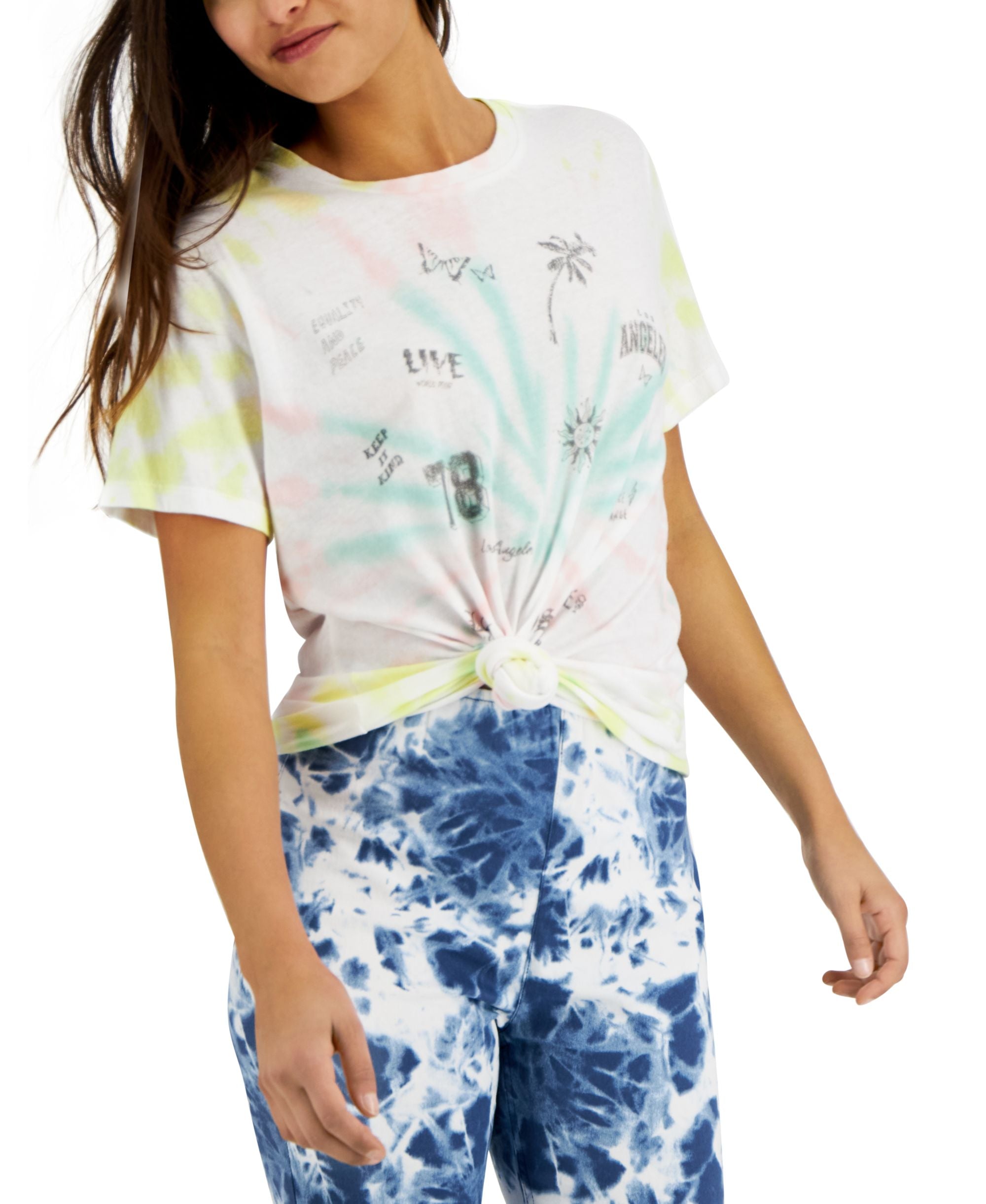 Juniors' Cotton Tie-Dyed Graphic-Print T-Shirt