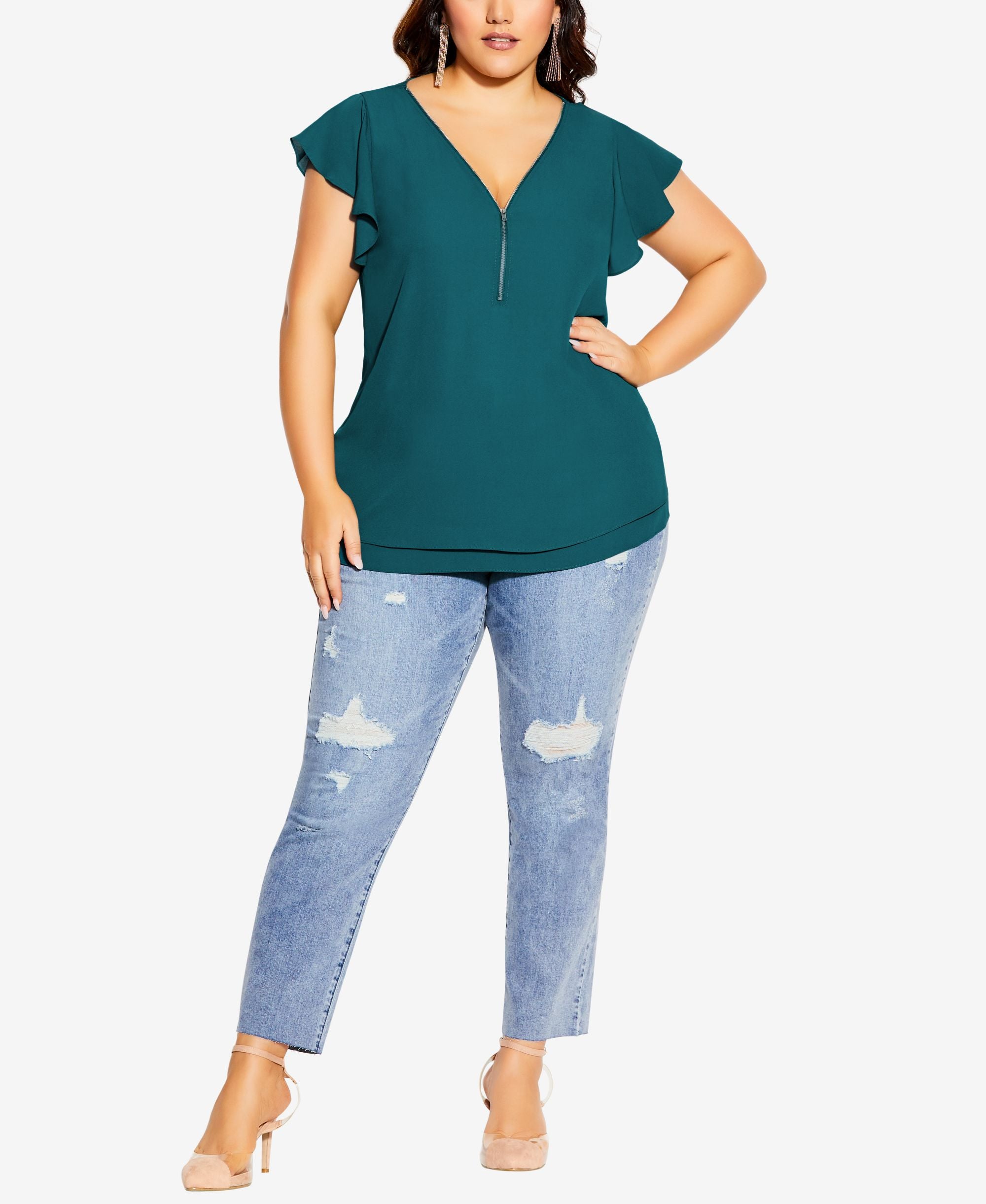 Trendy Plus Size Zip Fling V-Neck Top