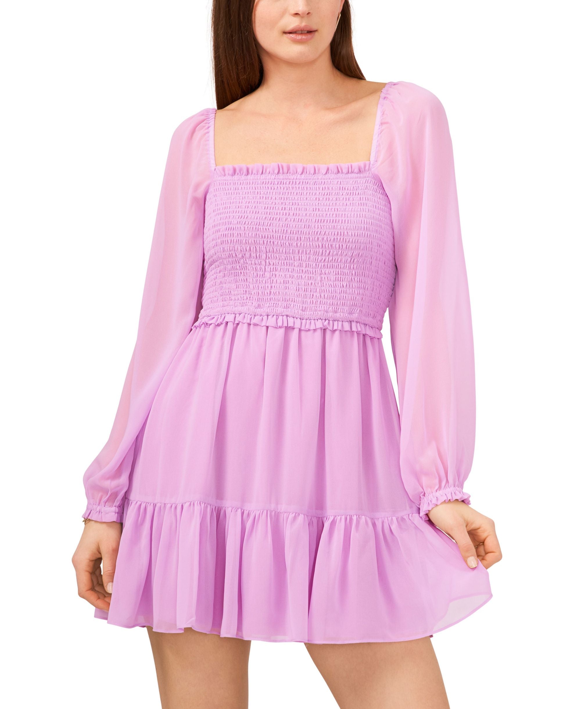 Women's Smocked Ruffle Hem Long Sleeve Dress