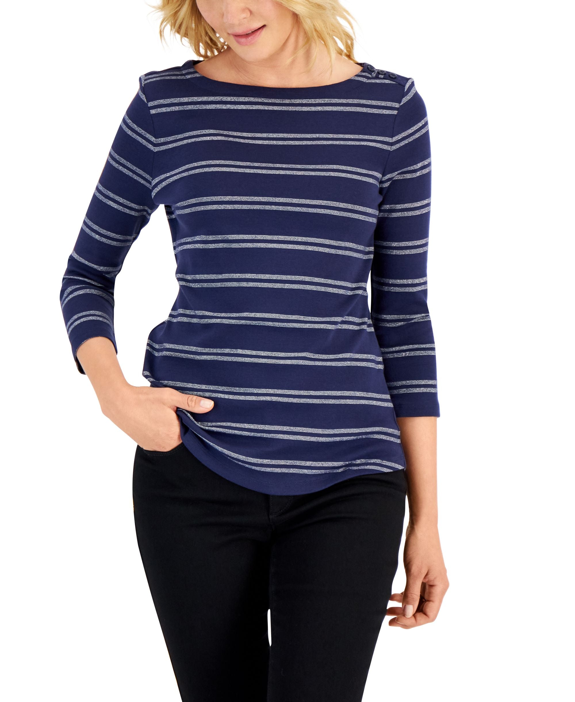 Charter Club Womens Merry Stripe Metallic Top