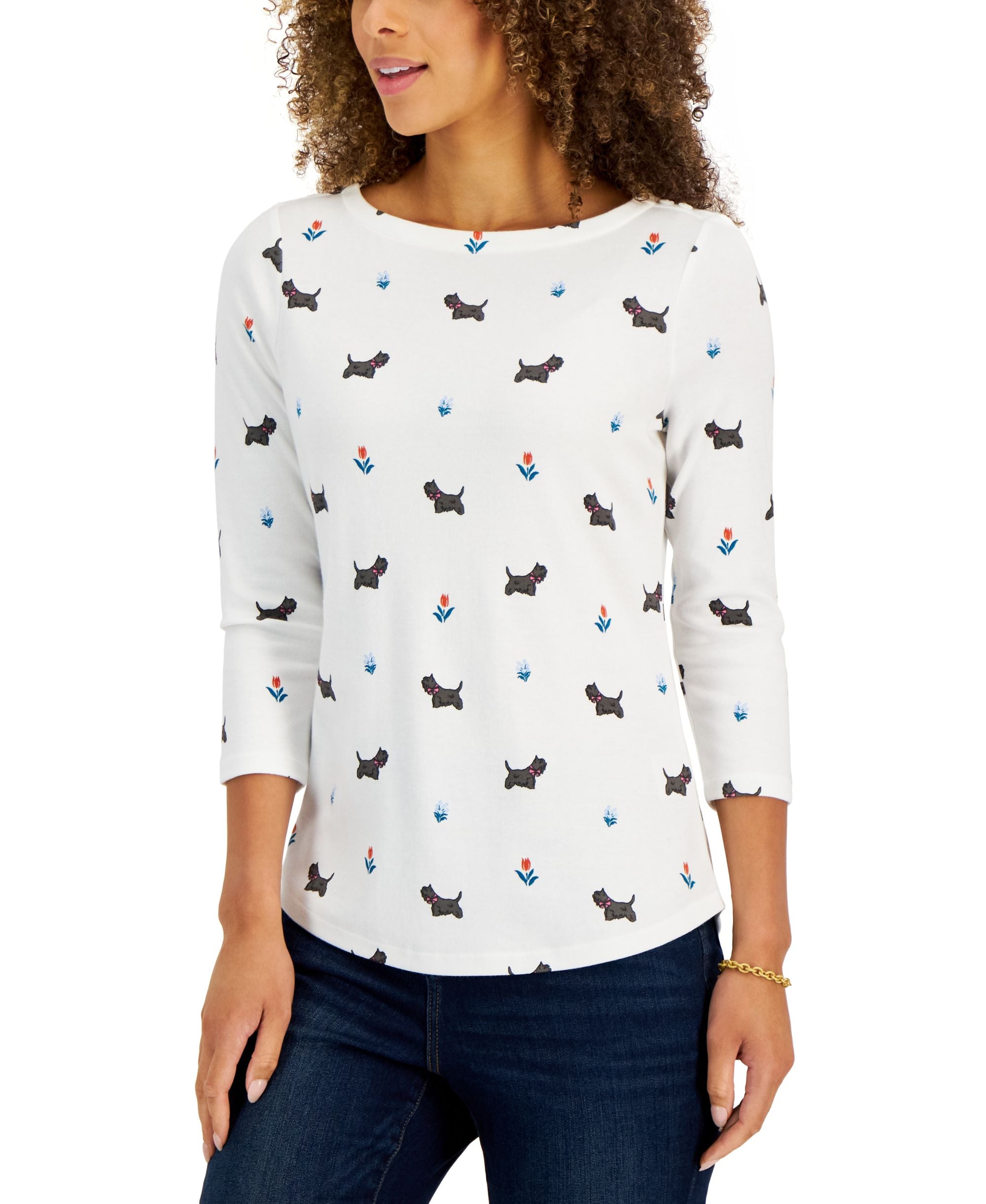 Charter Club Womens Womens Printed Dogs Flowers Boatneck Top