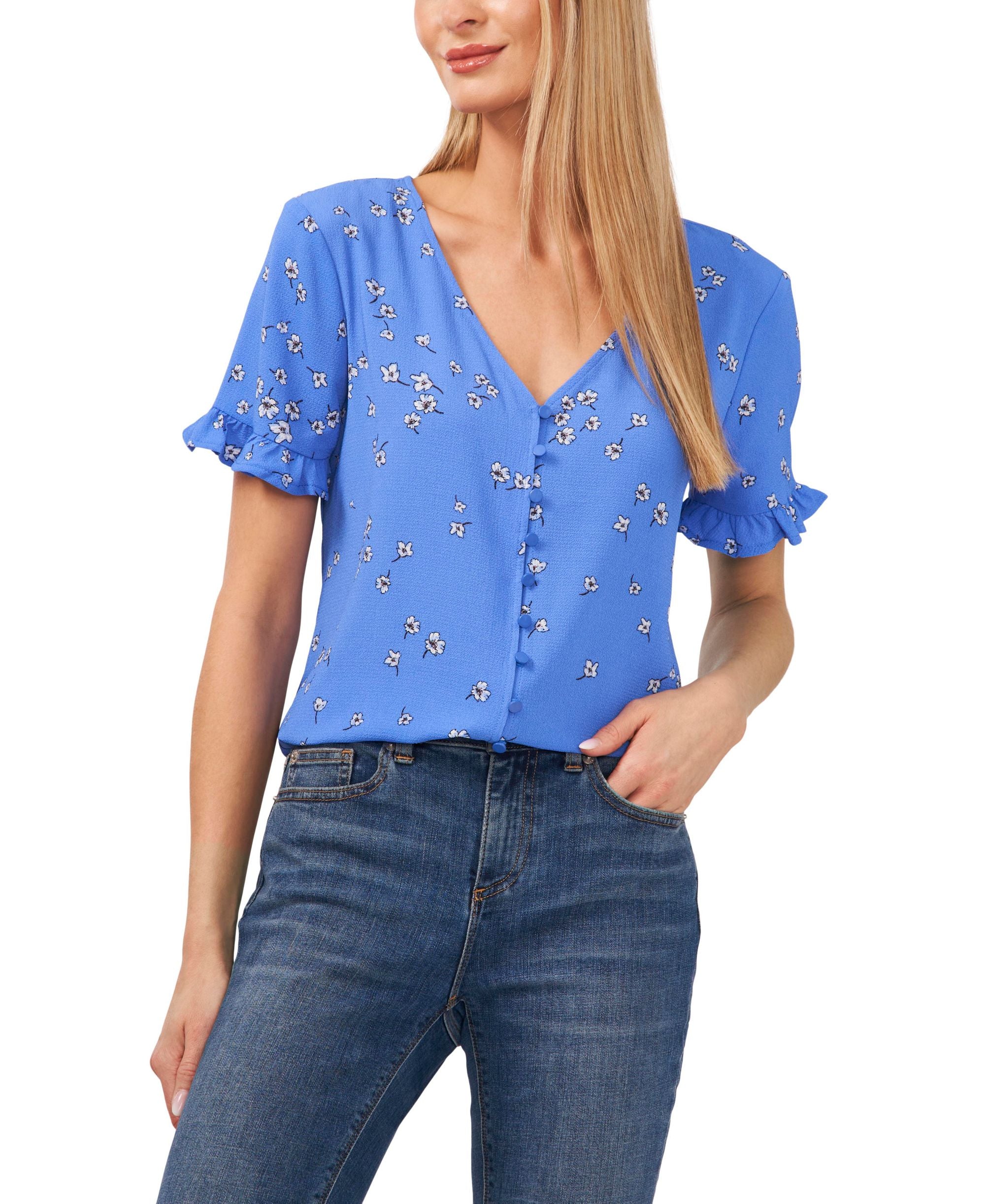 Cece Cascading Florets Ruffled Sleeve Top