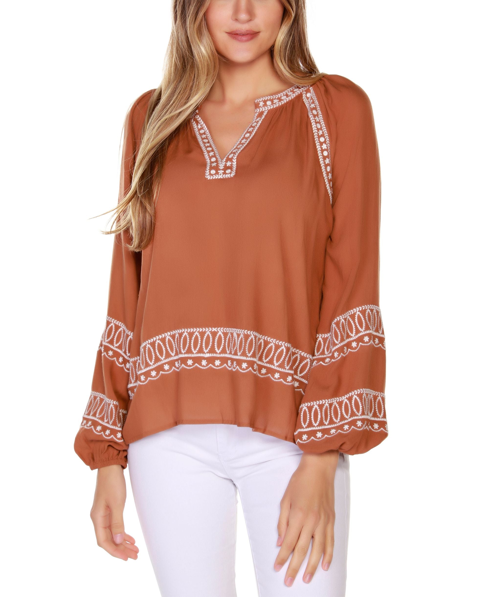 Black Label Petite Embroidered Blouson Split-Neck Top