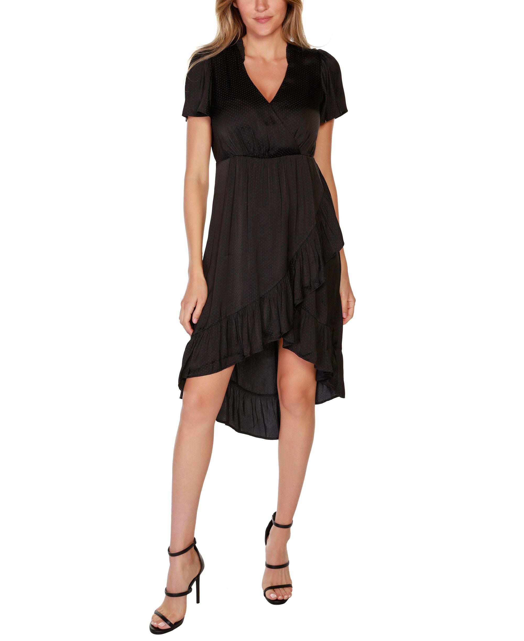 Belldini Black Label Petite Solid High Low Ruffle Hem Dress