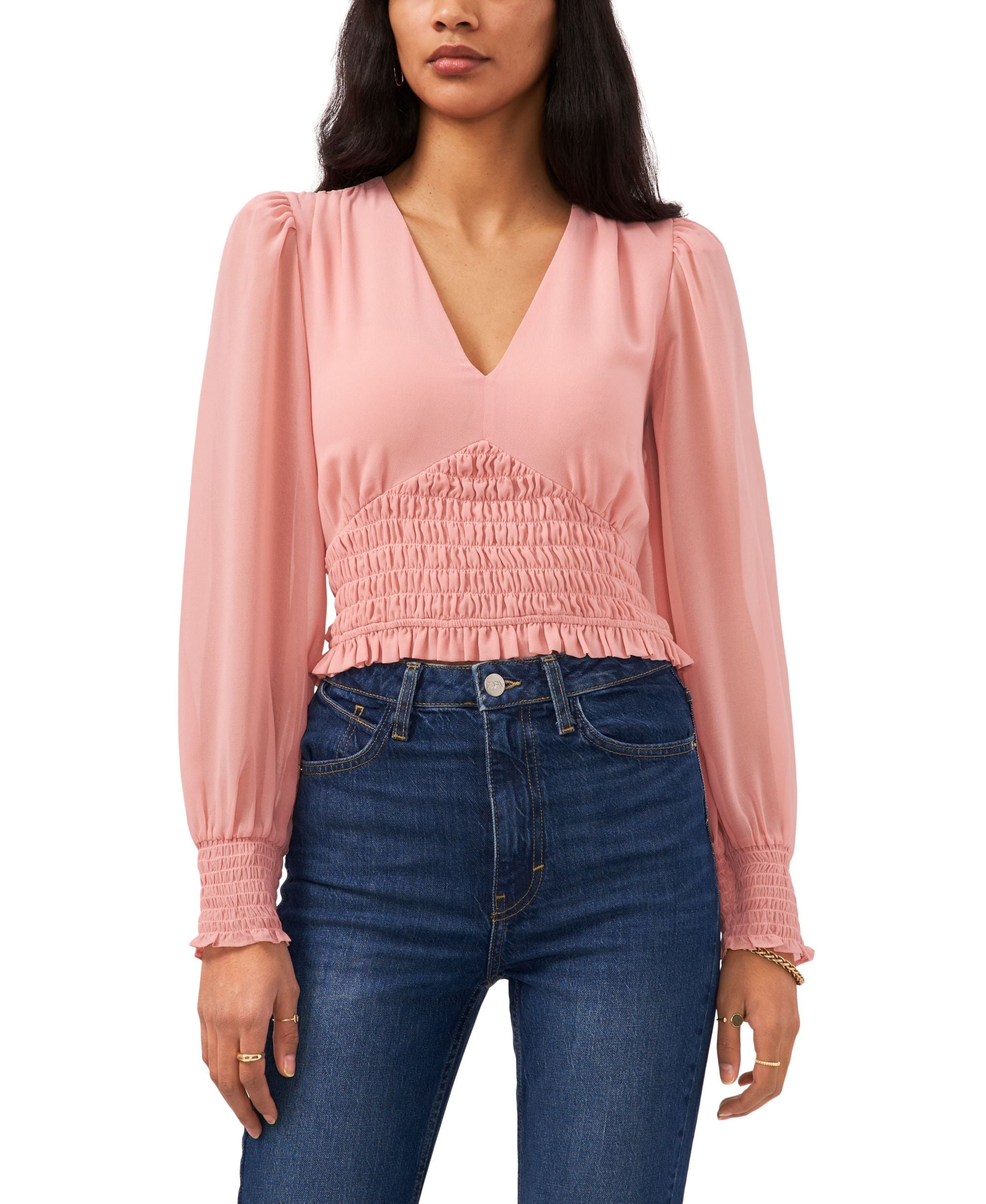1.State Long Sleeve Smocked Waist V Neck Top