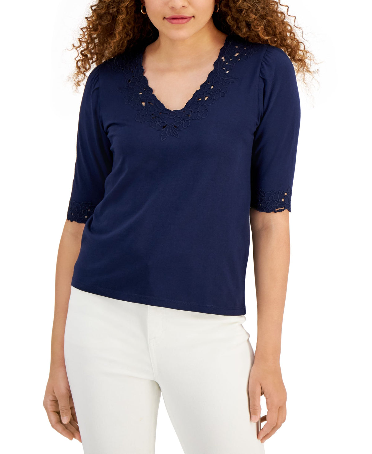 Charter Club Petite Crochet Trim Cotton Top