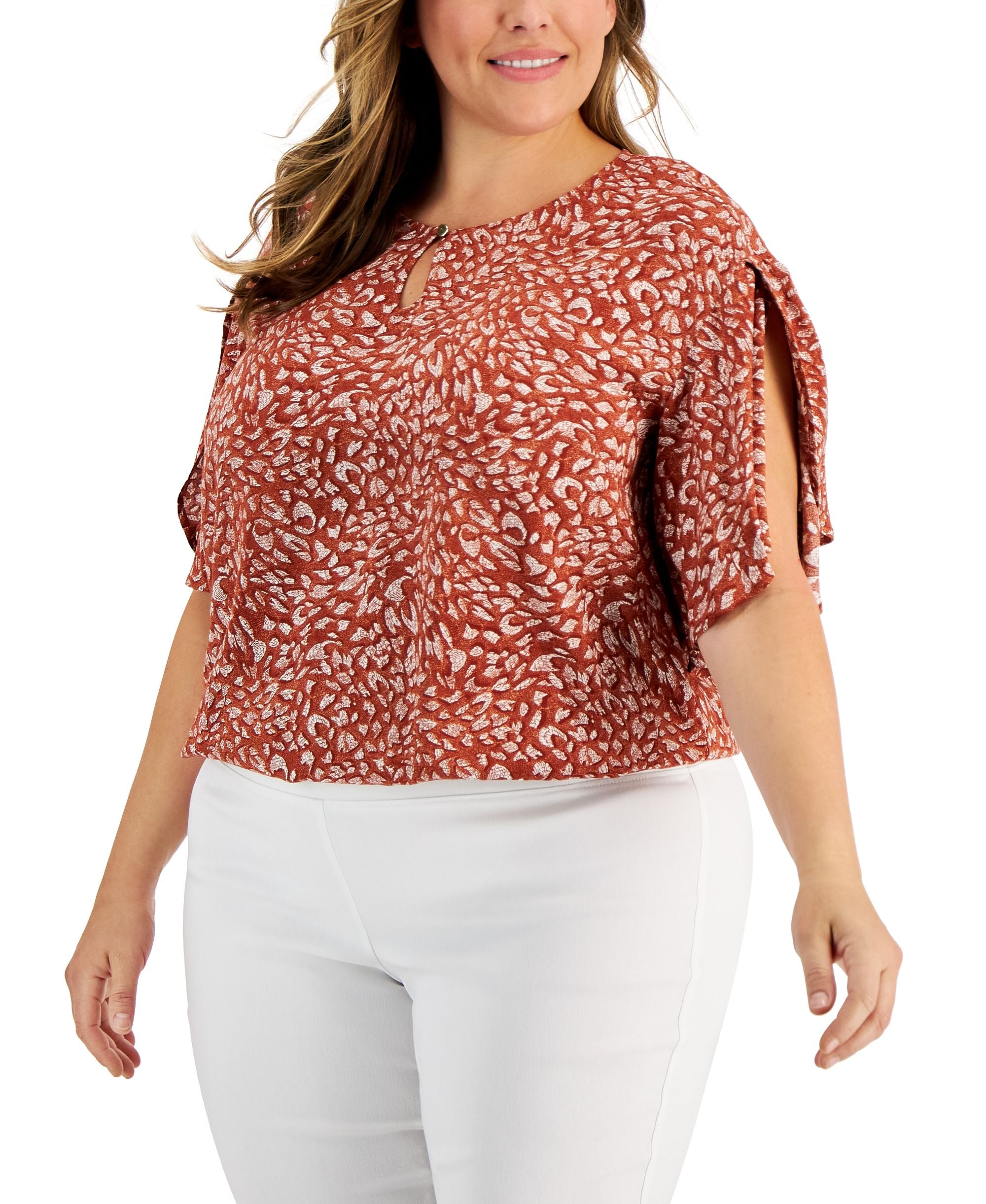 Plus Size Printed Tulip Keyhole Top