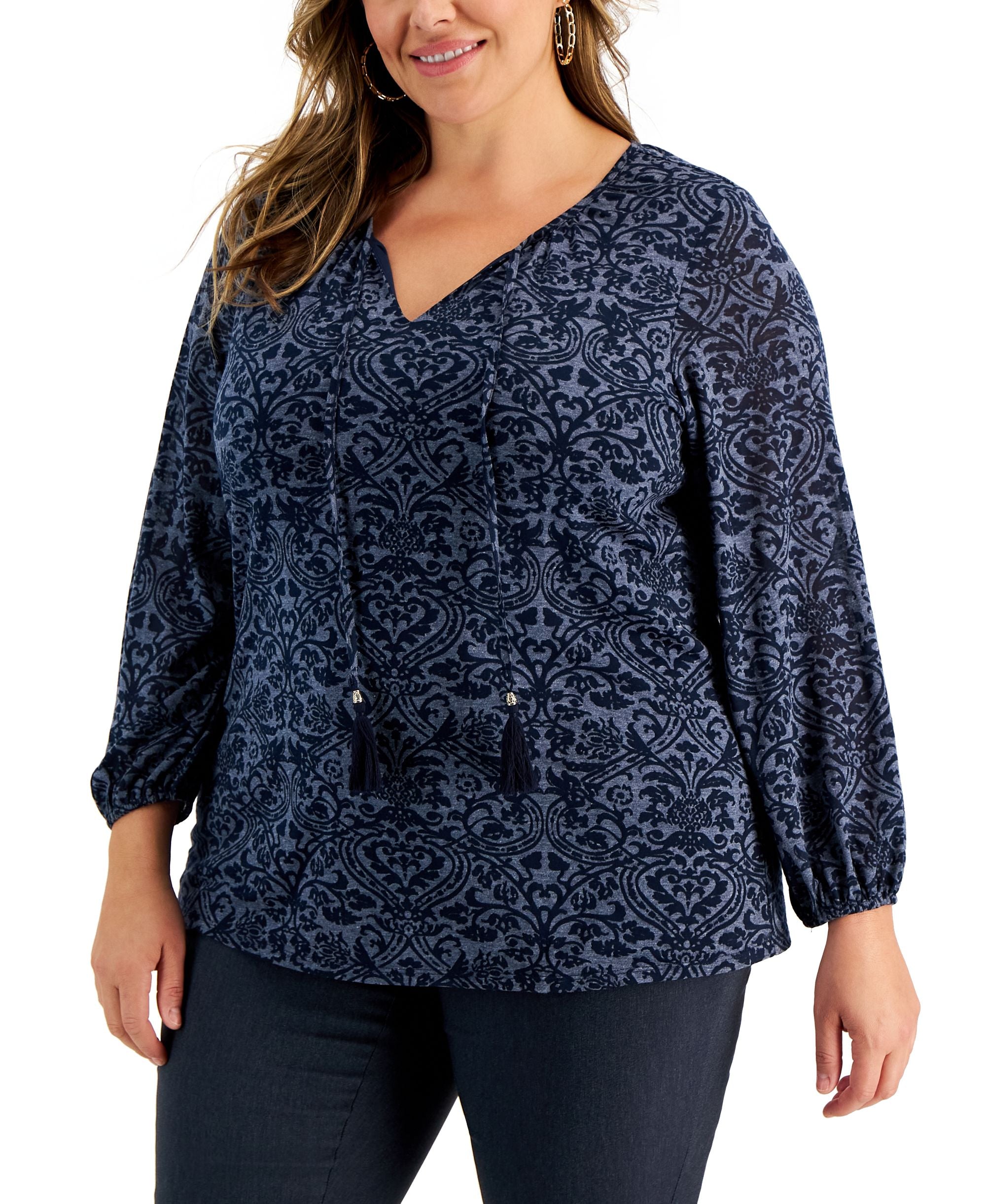 JM Collection Plus Size Printed V Neck Top