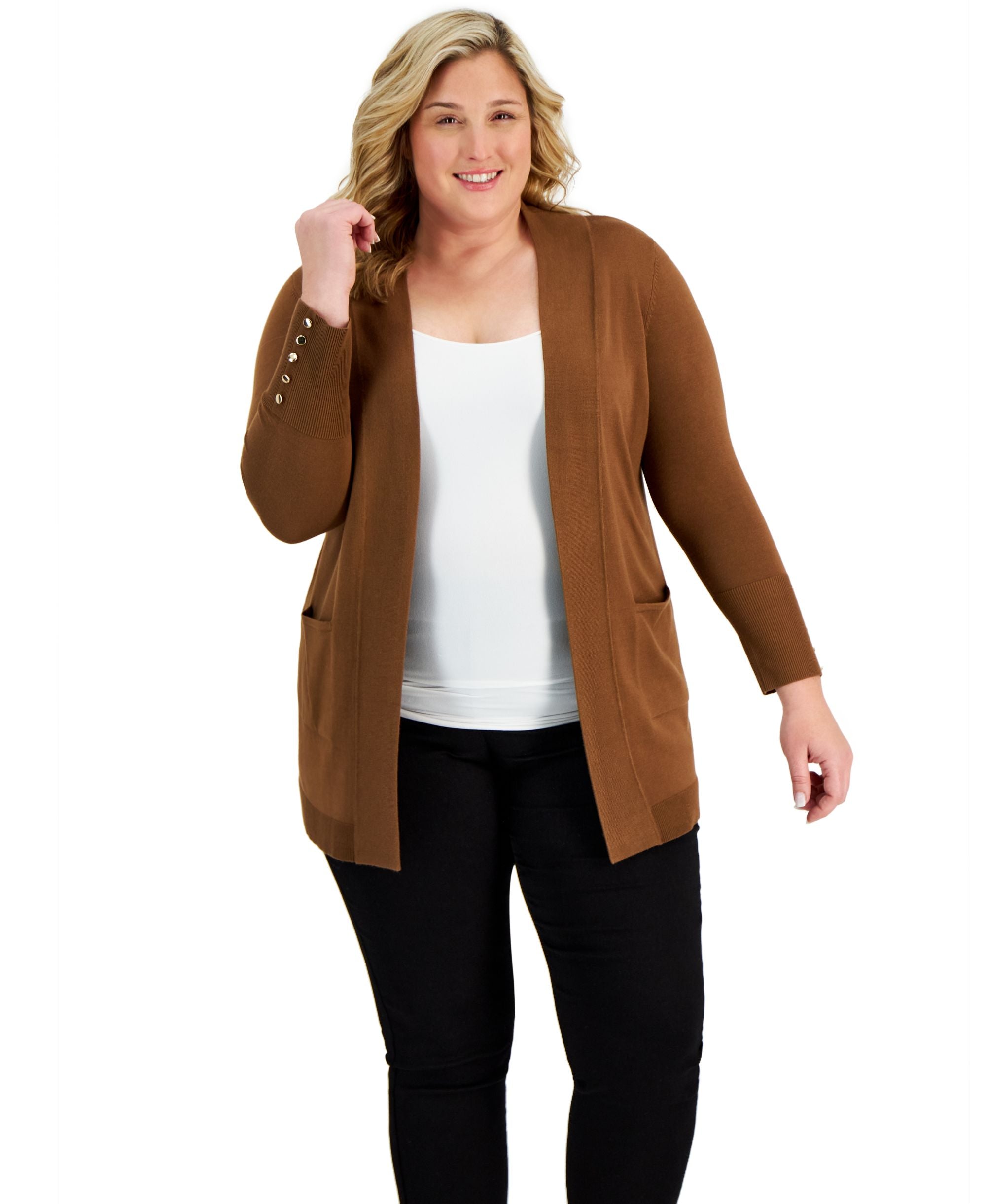 JM Collection Plus Size Button Sleeve Flyaway Cardigan Sweater