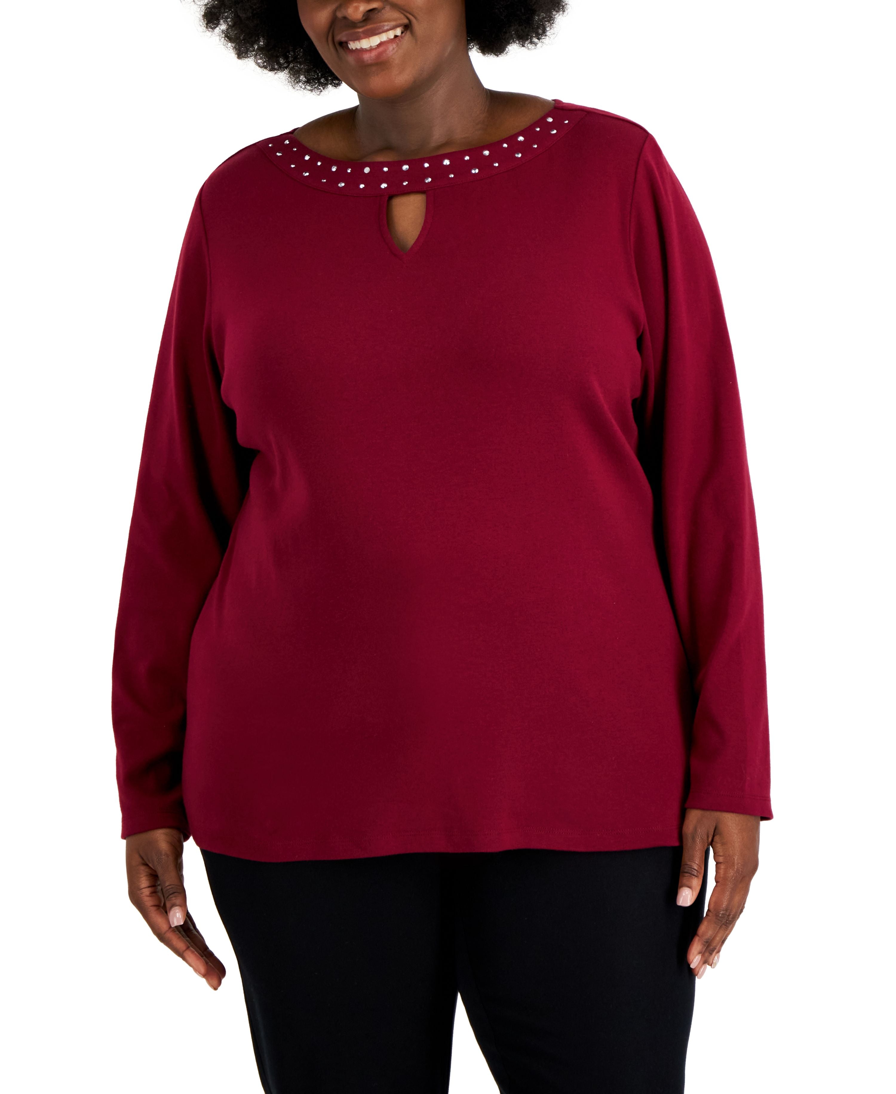 Plus Size Cotton Rhinestone-Embellished Keyhole-Cutout Top