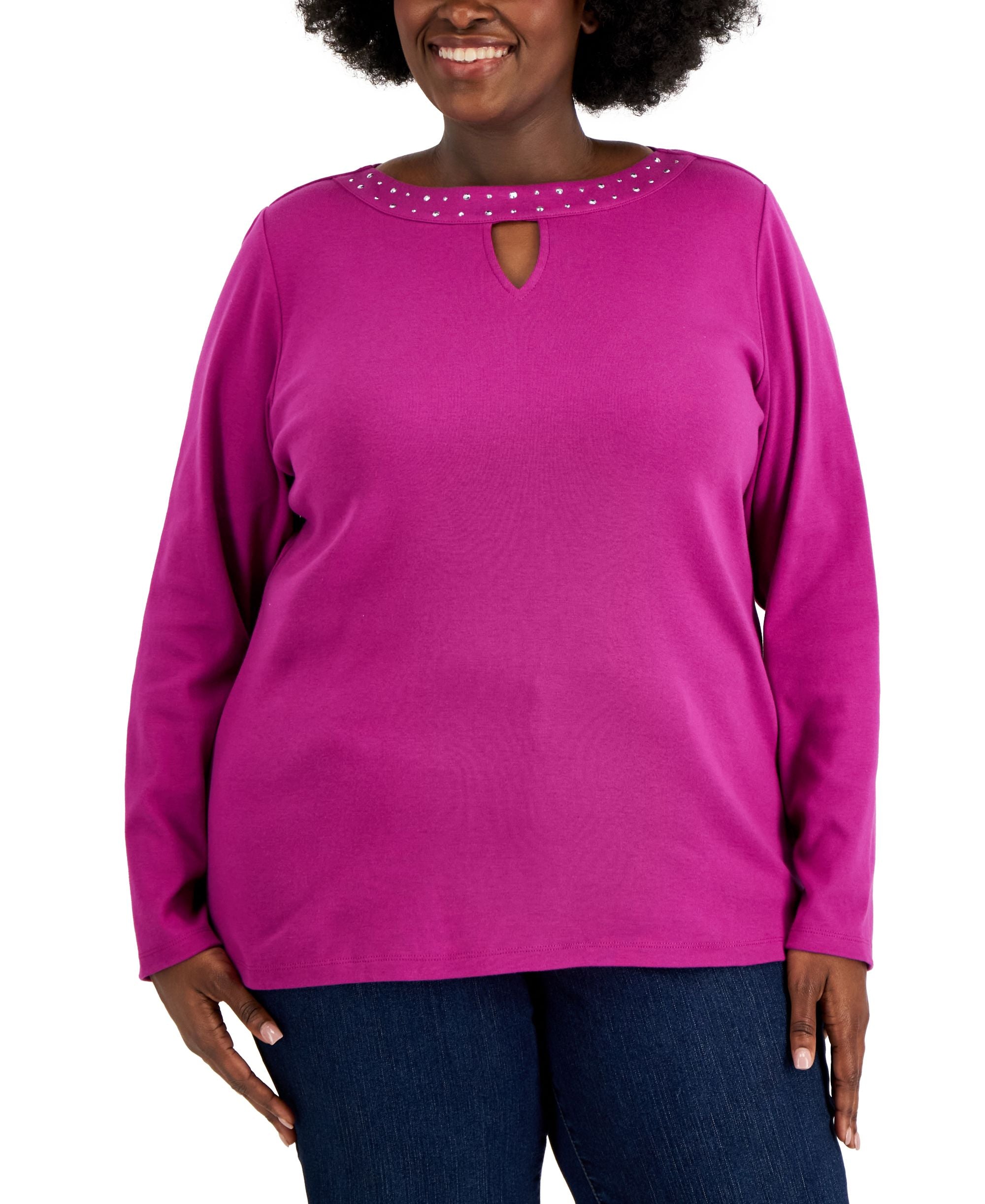 Plus Size Cotton Rhinestone-Embellished Keyhole-Cutout Top