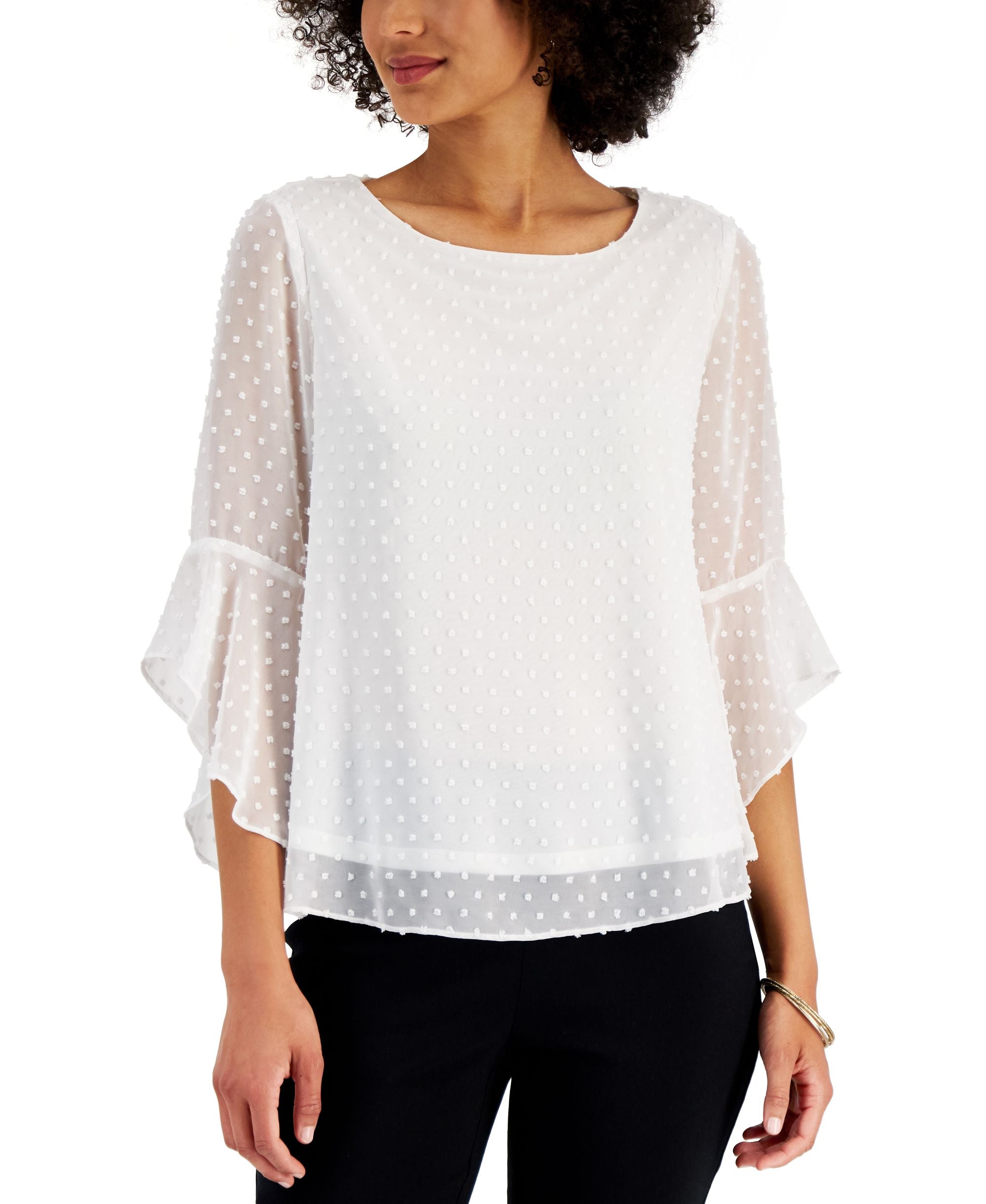 Kasper Womens Clip Dot Ruffle Sleeve Chiffon Top