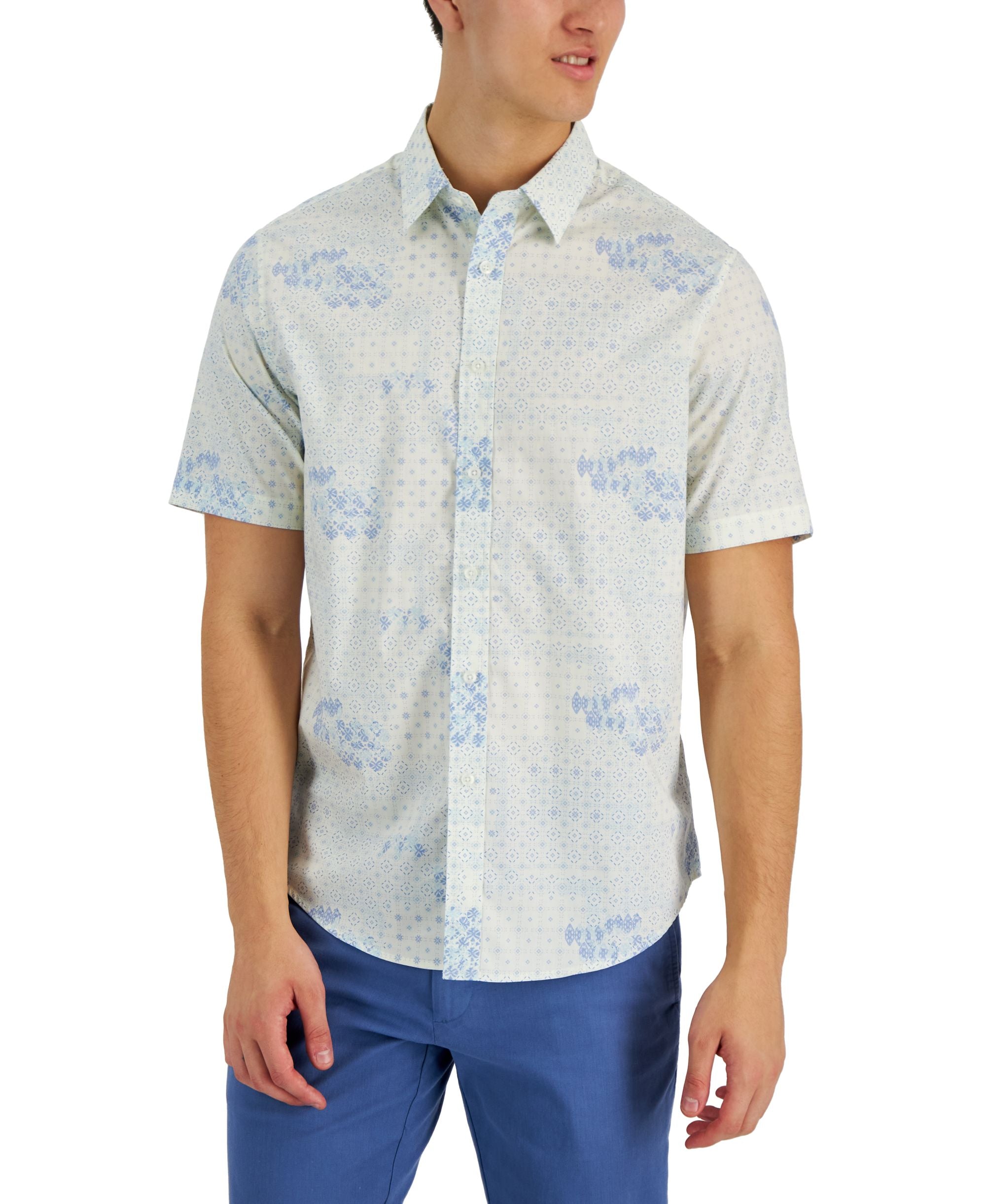 Club Room Mens Brook Patchwork Refined Woven Short Sleeve Shirt
