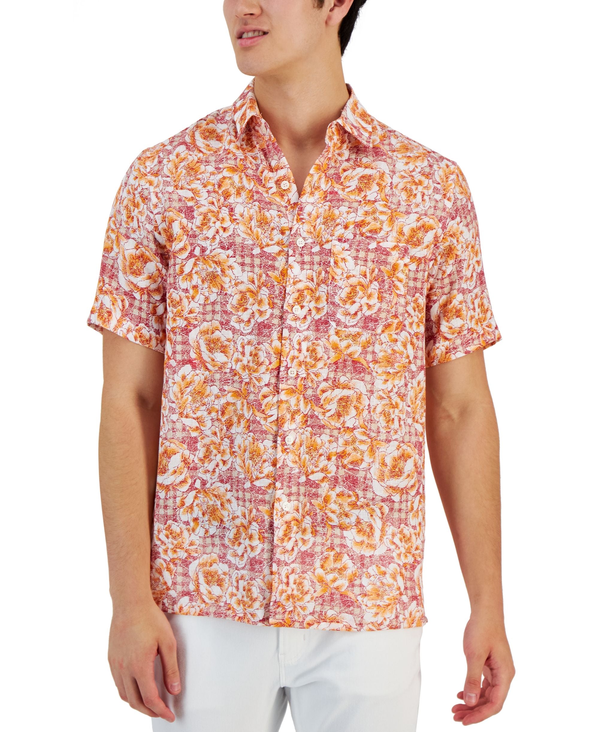 Club Room Mens Theora Garden Check Floral Linen Short Sleeve Pocket Shirt