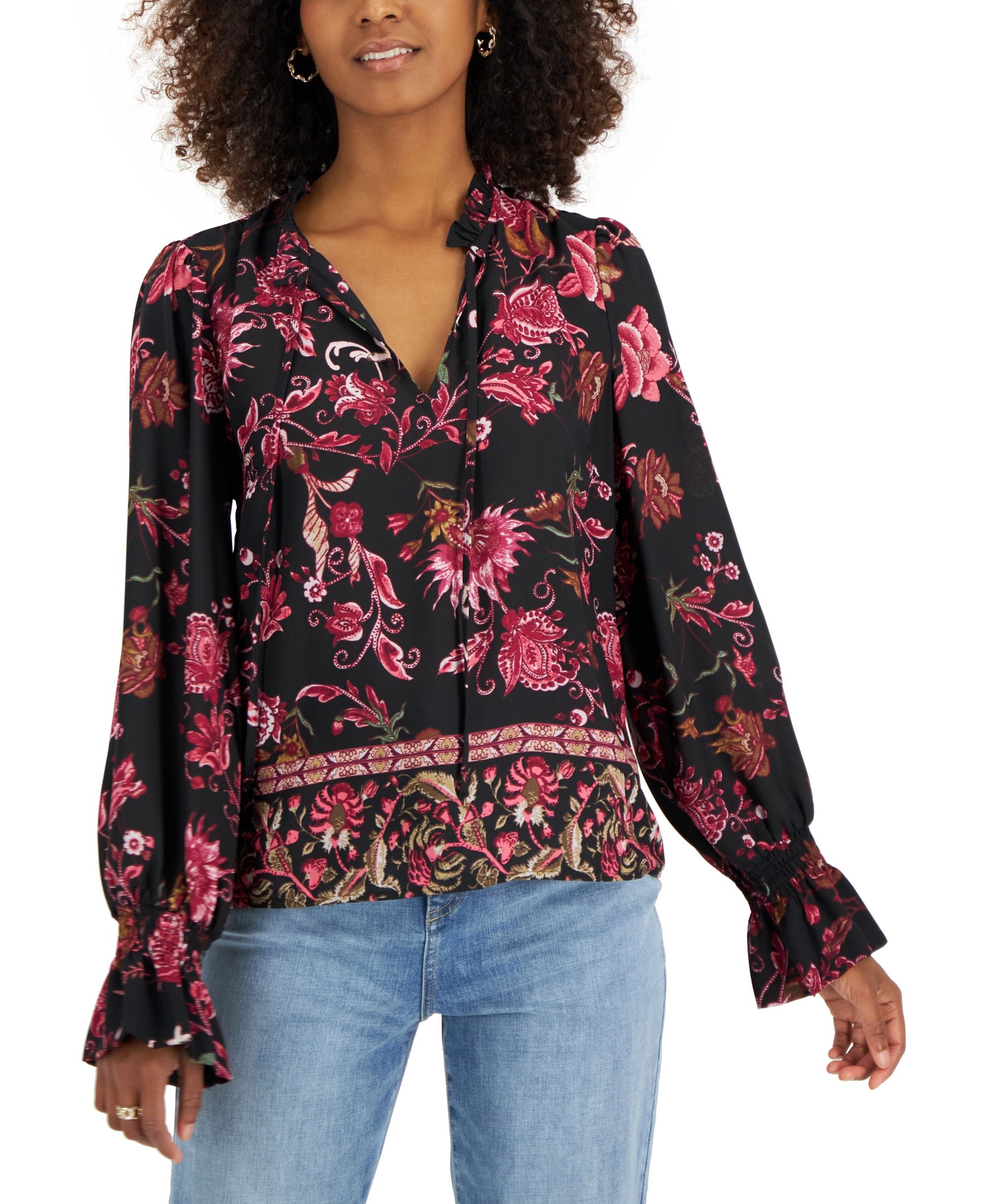 INC International Concepts Womens Floral Print Tie Neck Blouse