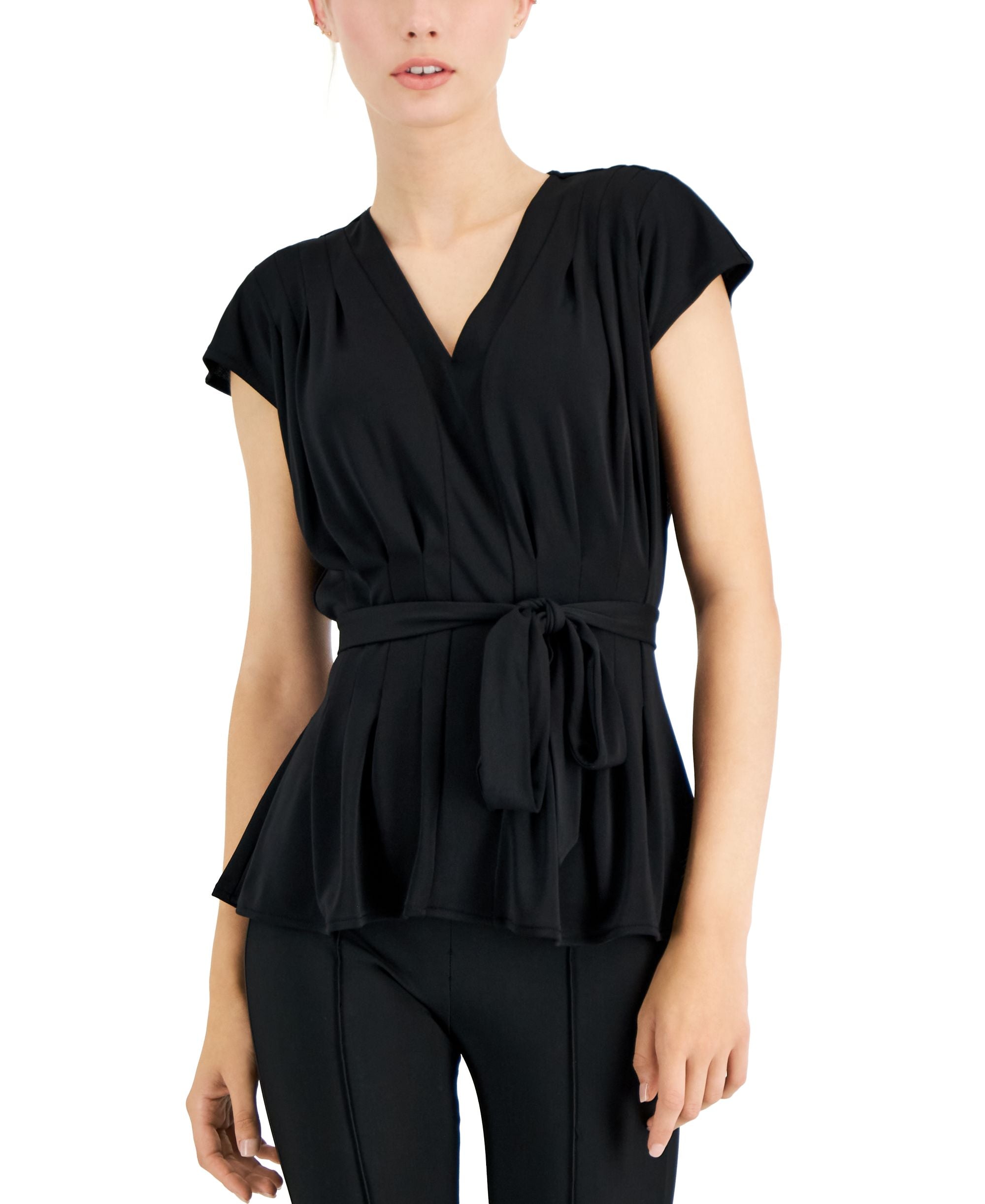 Alfani Womens V Neck Pleated Tie Waist Short Sleeve Top