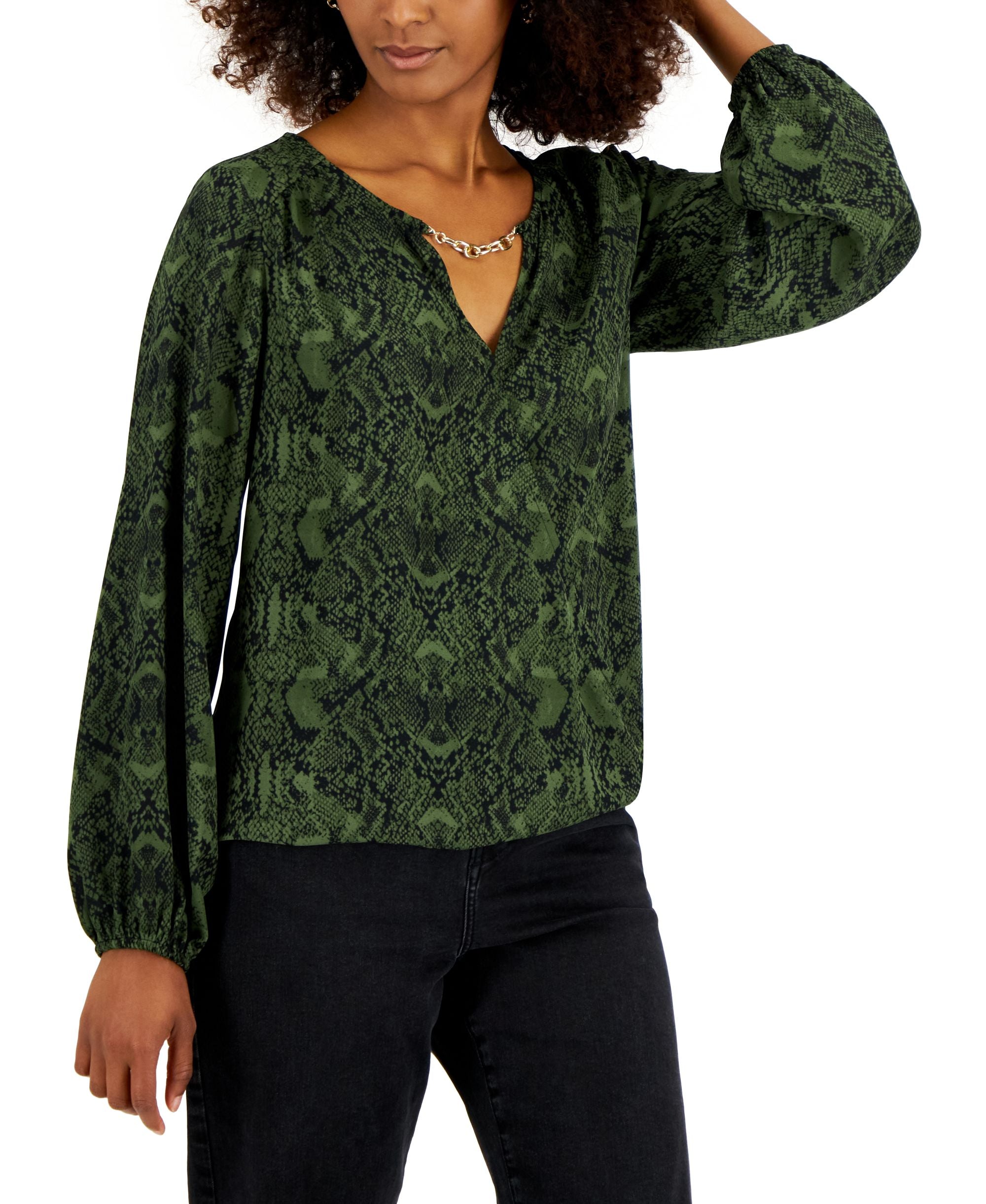INC International Concepts Womens Snakeskin Print Hardware Trim Blouse