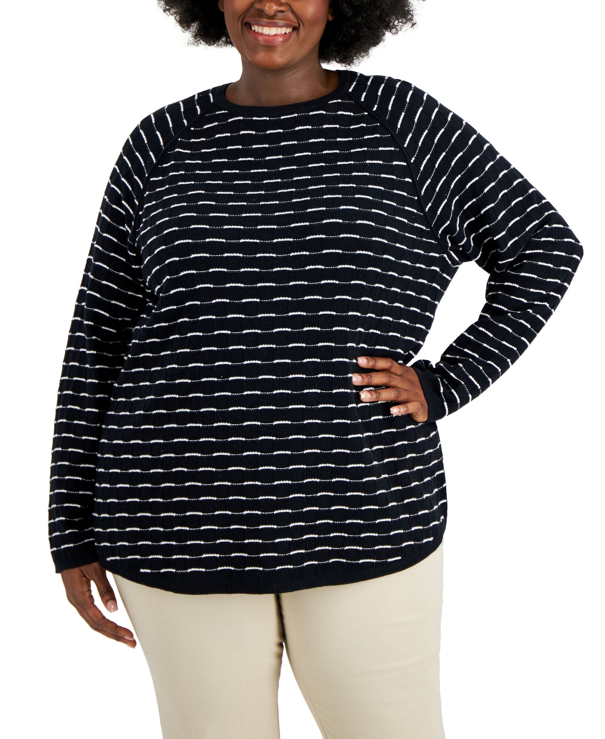 Plus Size Cotton Textured Raglan-Sleeve Sweater
