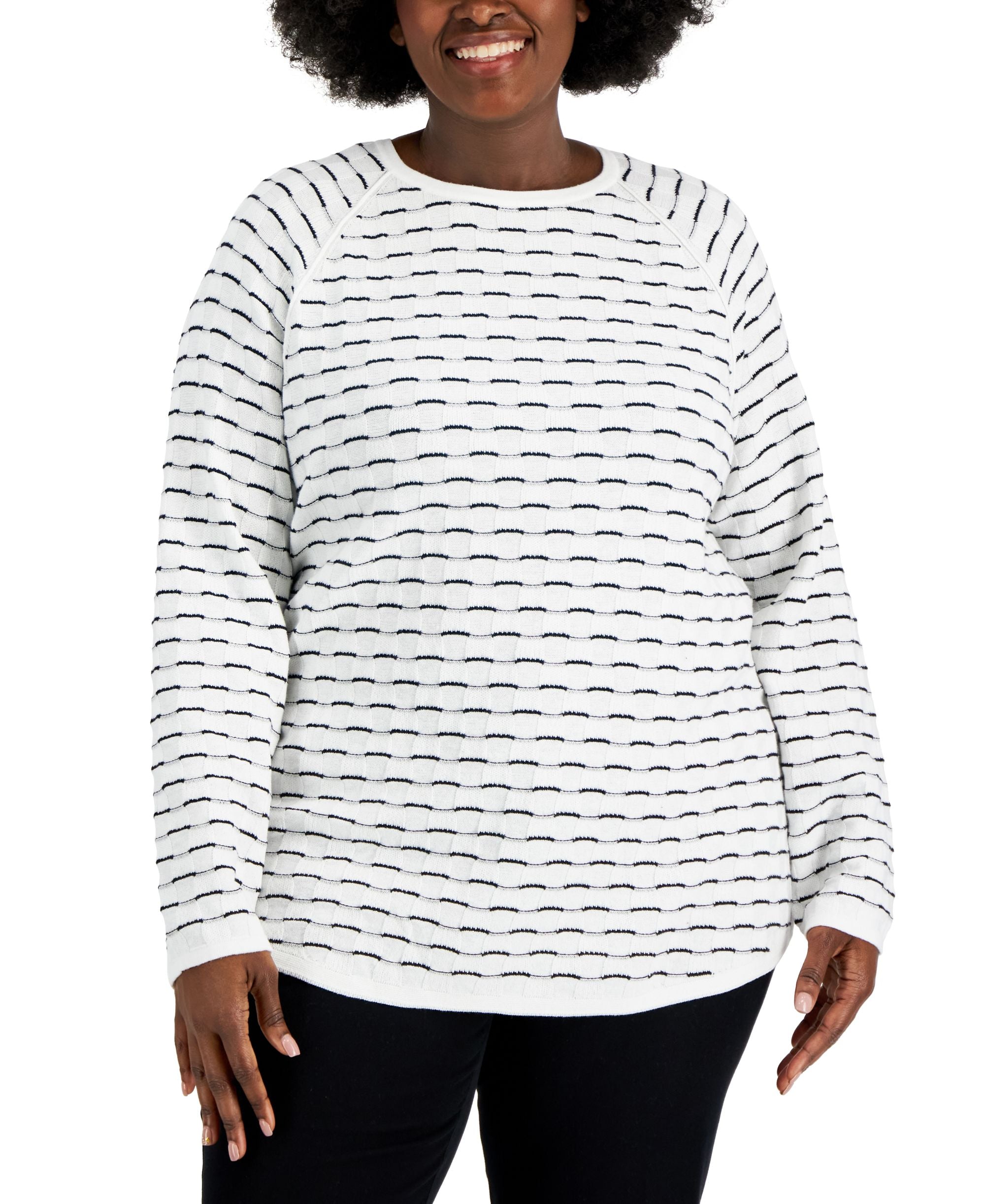 Plus Size Cotton Textured Raglan-Sleeve Sweater