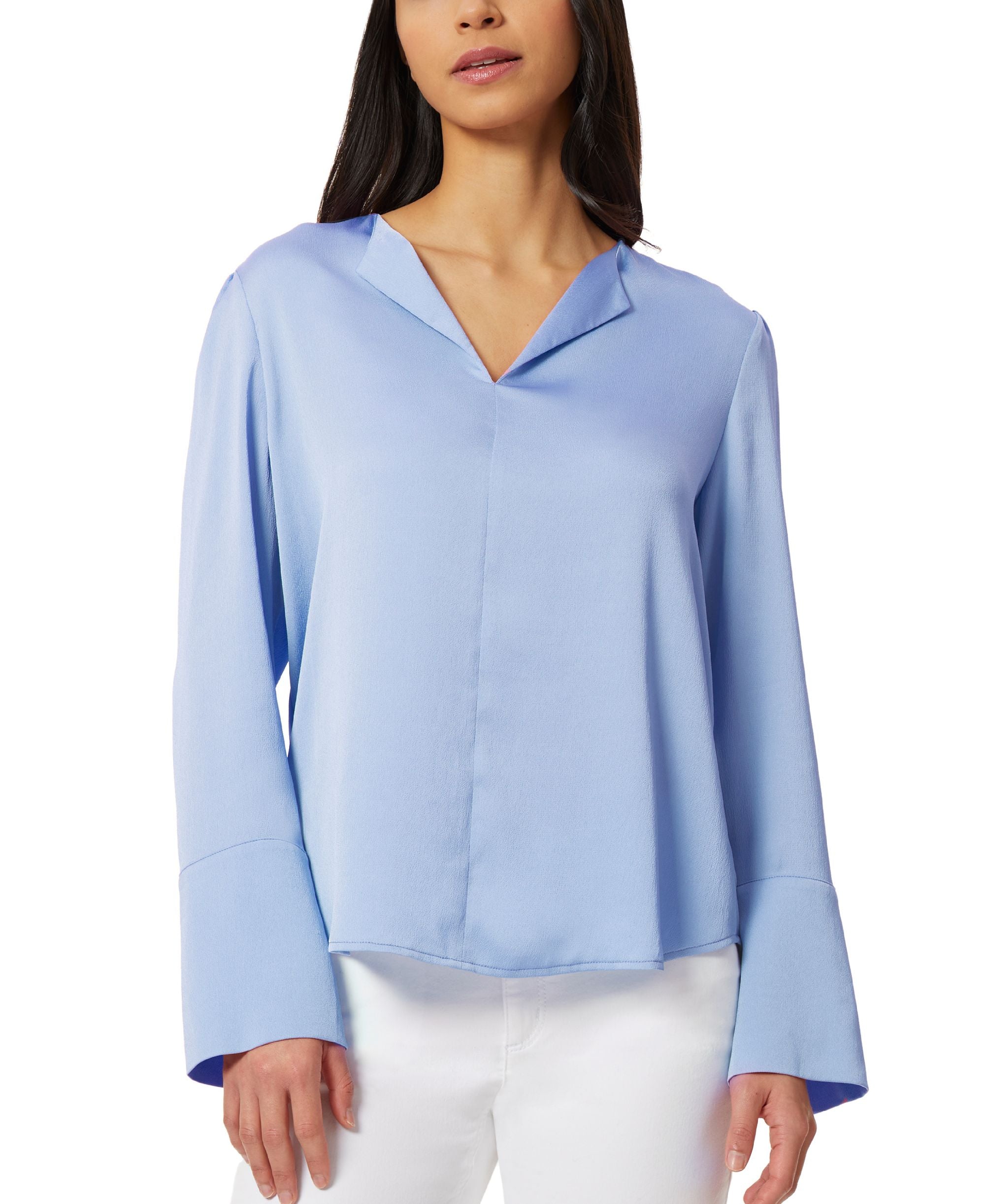 Womens Simplified V Neck Blouse Top With Long Cuffs