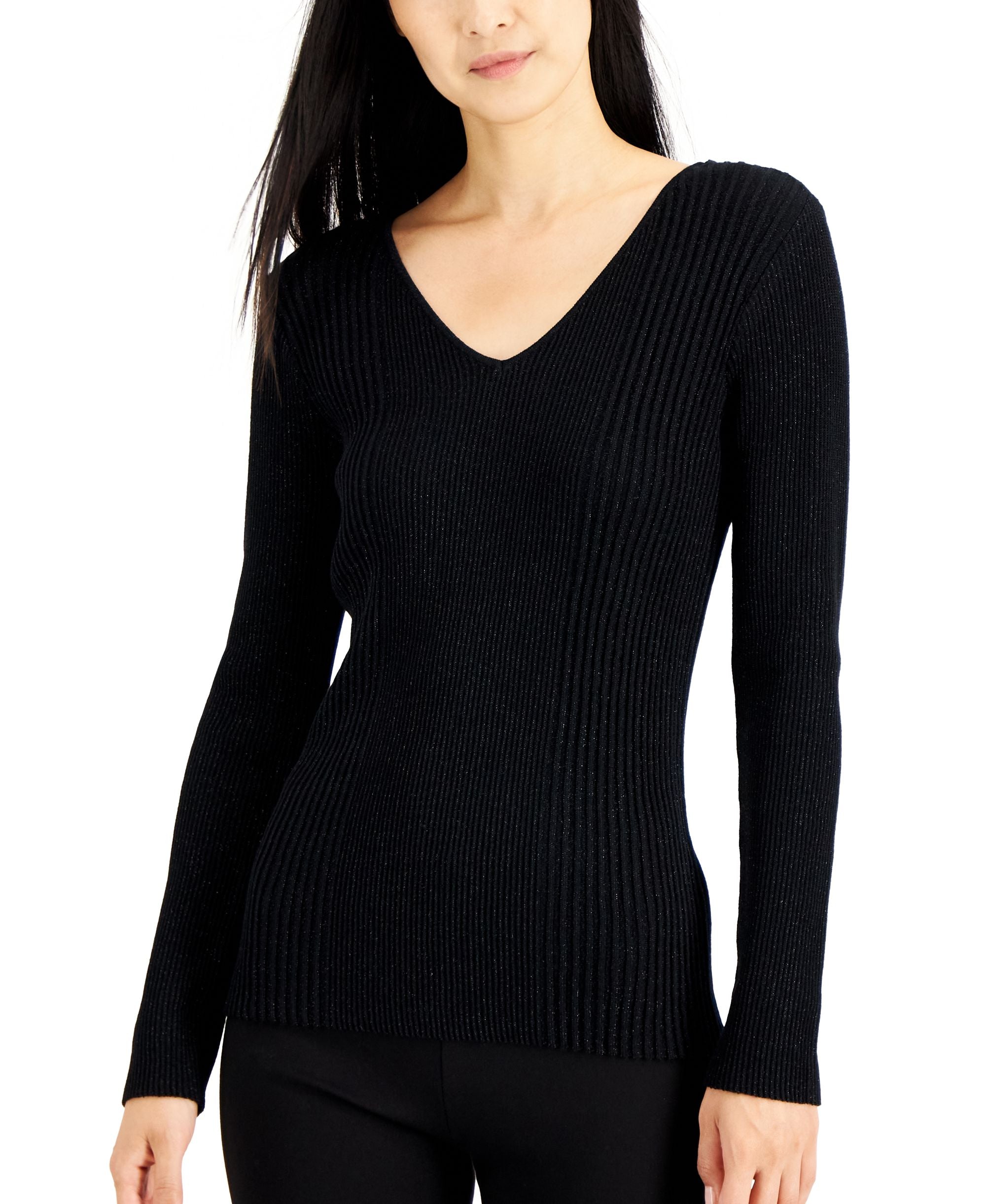 Alfani Womens Metallic Ribbed V Neck Sweater