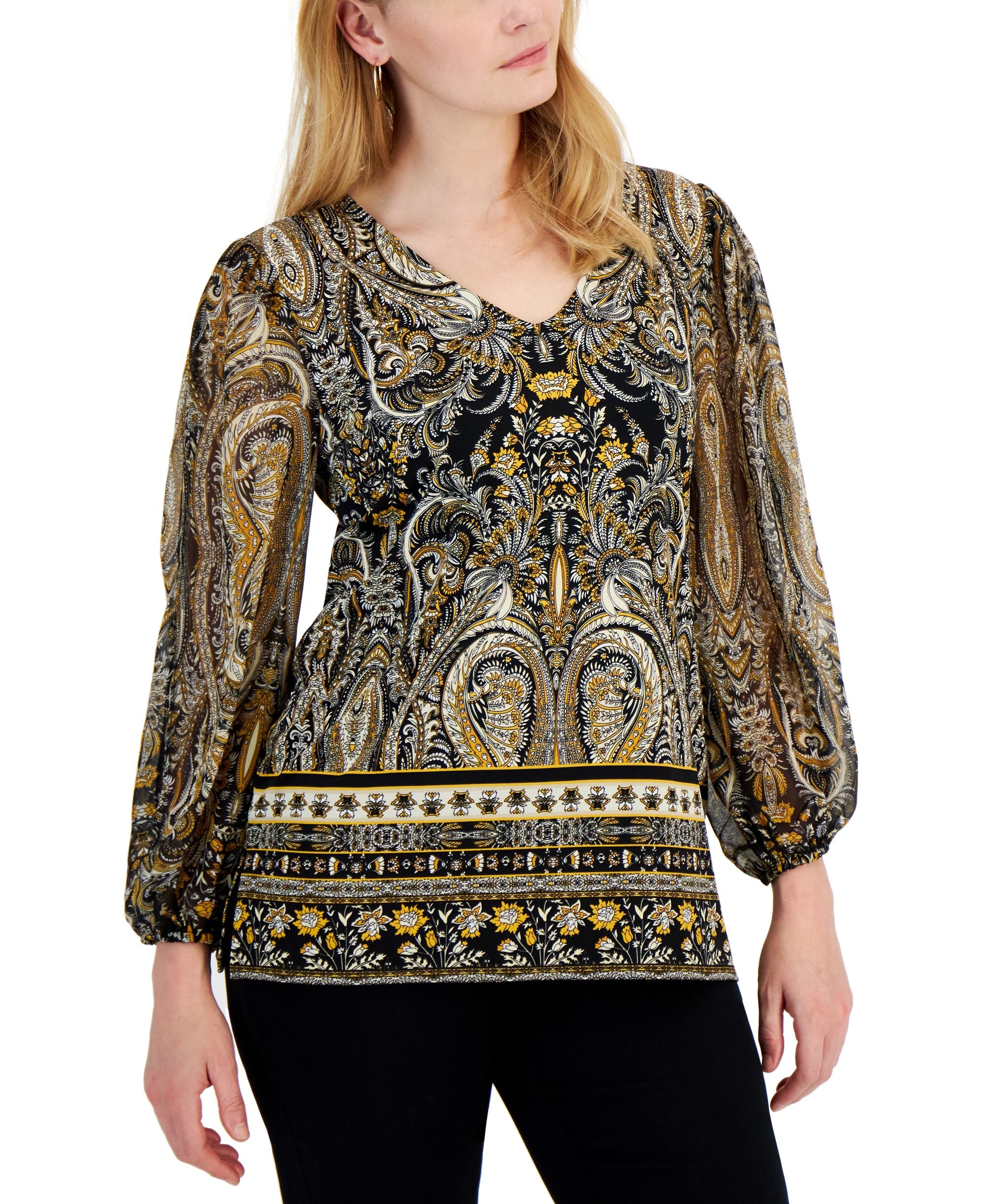 JM Collection Womens Paisley Border Print Bell Sleeve Top