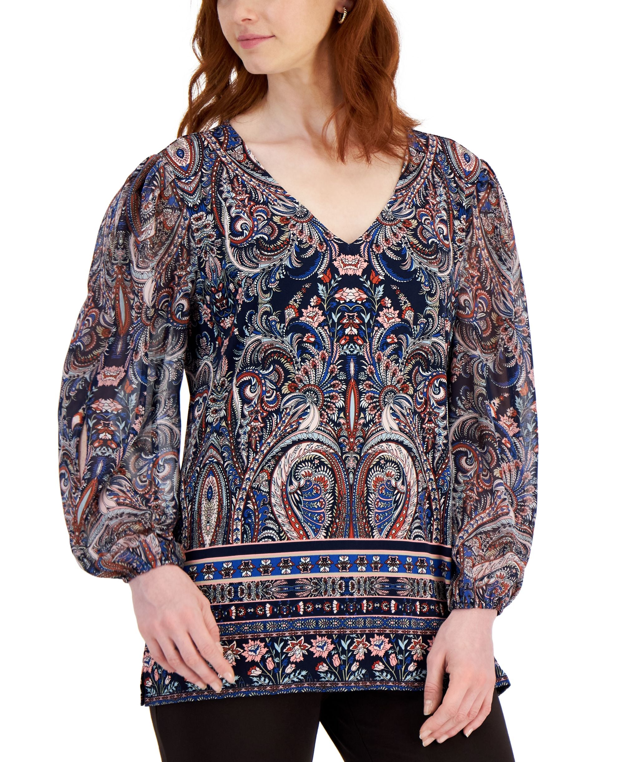 JM Collection Womens Paisley Border Print Bell Sleeve Top