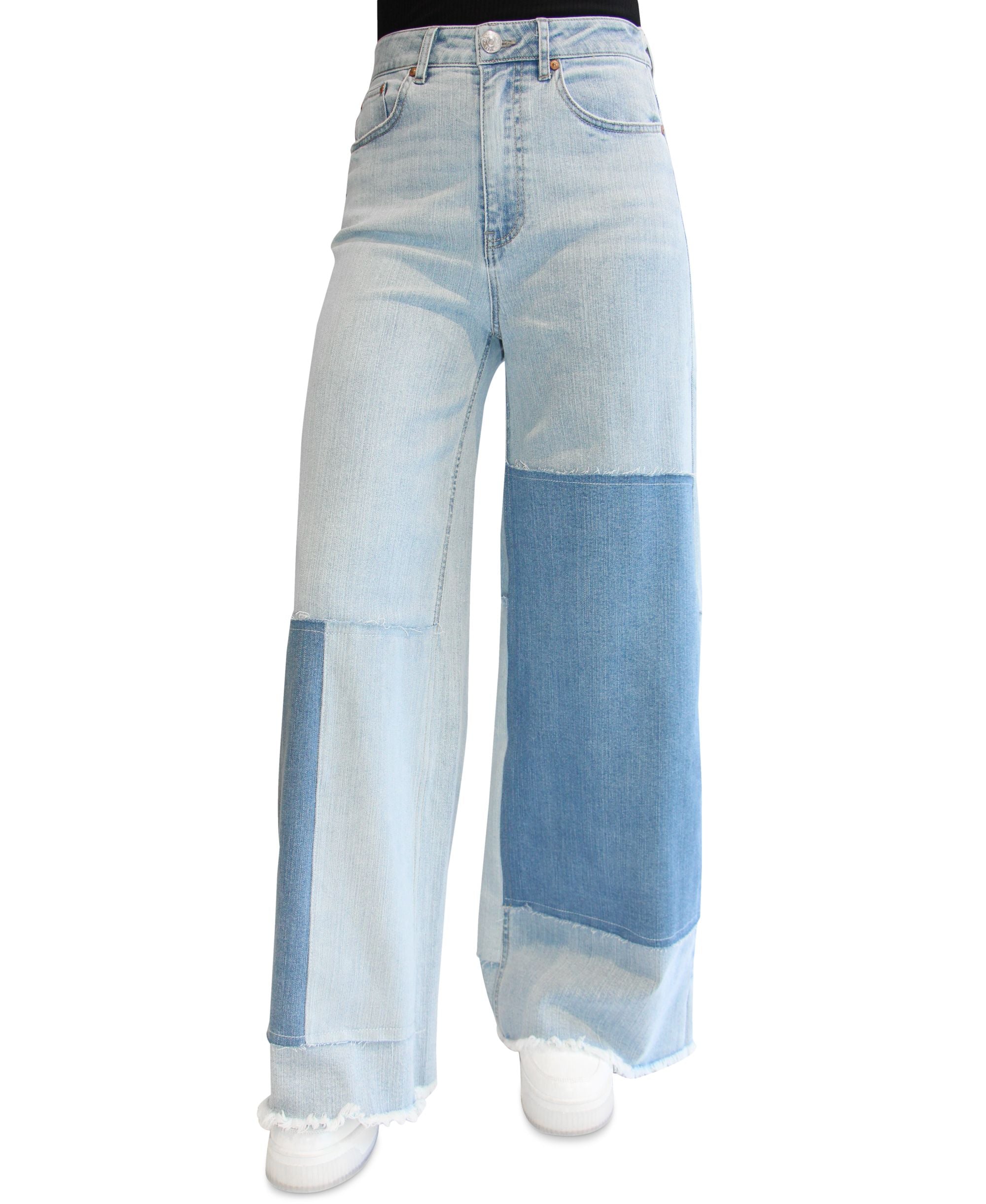 Juniors' High-Rise Patchwork Wide-Leg Jeans