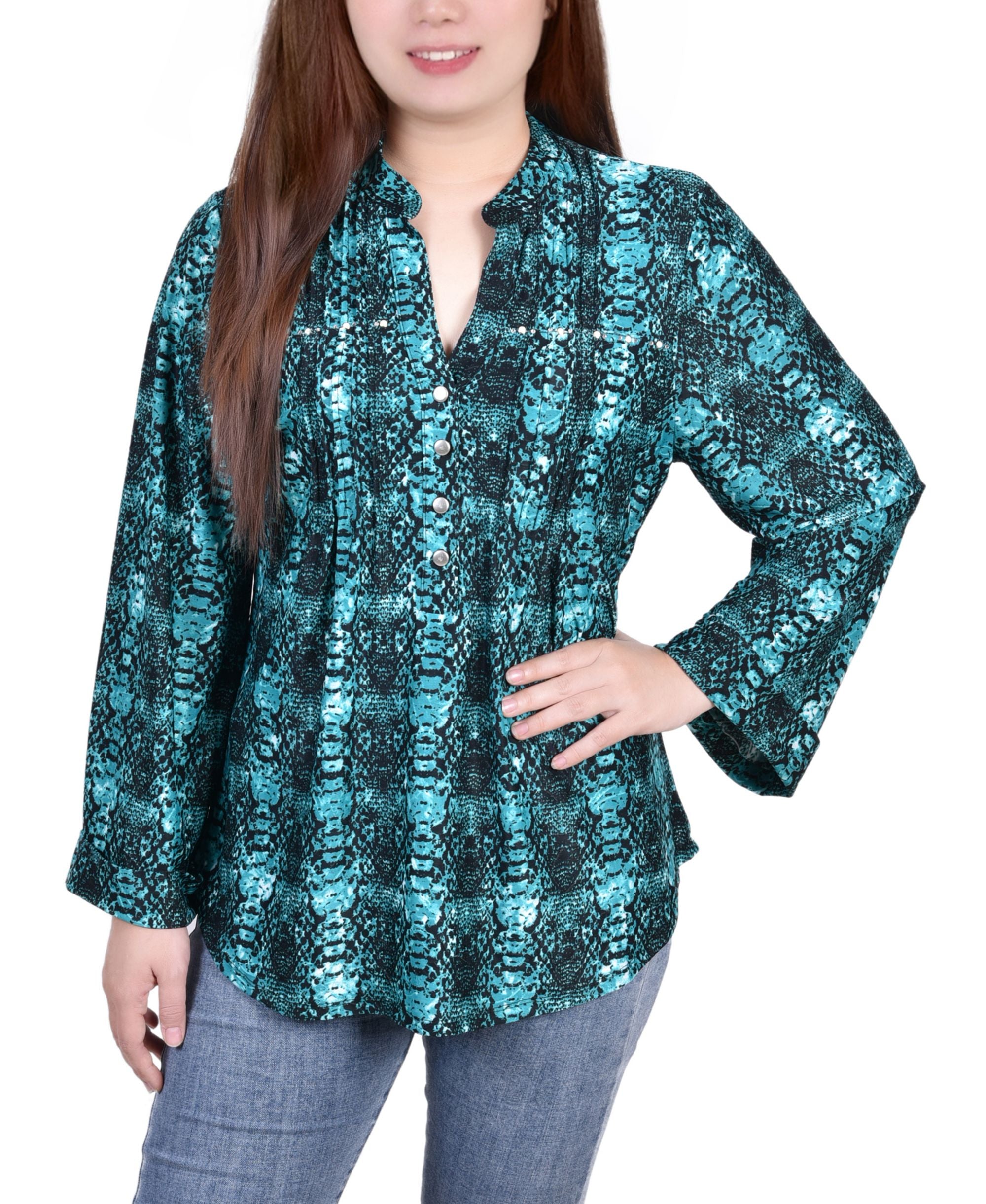 Petite Size Long Sleeve Jacquard Knit Y Neck Top