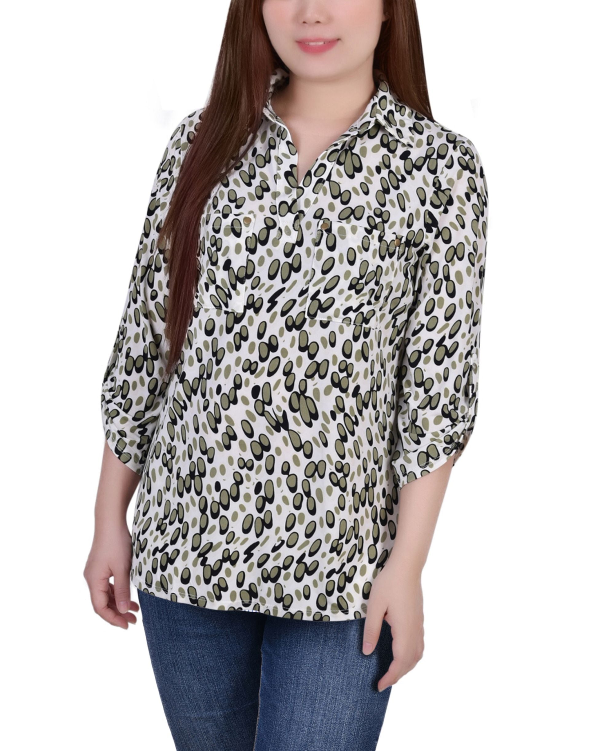 Women's 3/4 Ruched Sleeve Studded Y-neck Top
