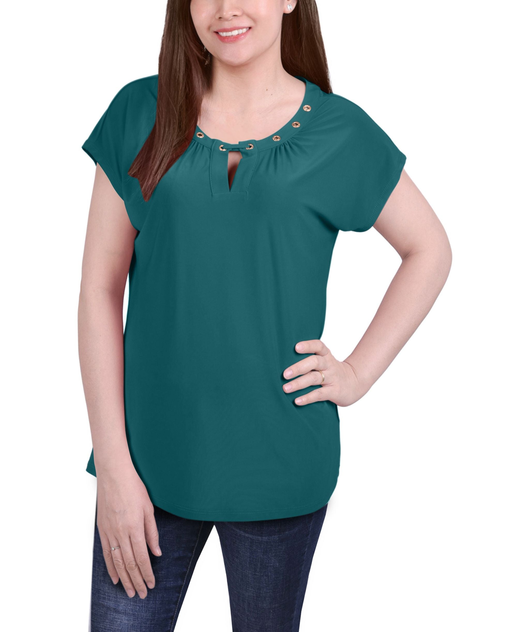 Petite Size Short Sleeve Grommet Top with Keyhole