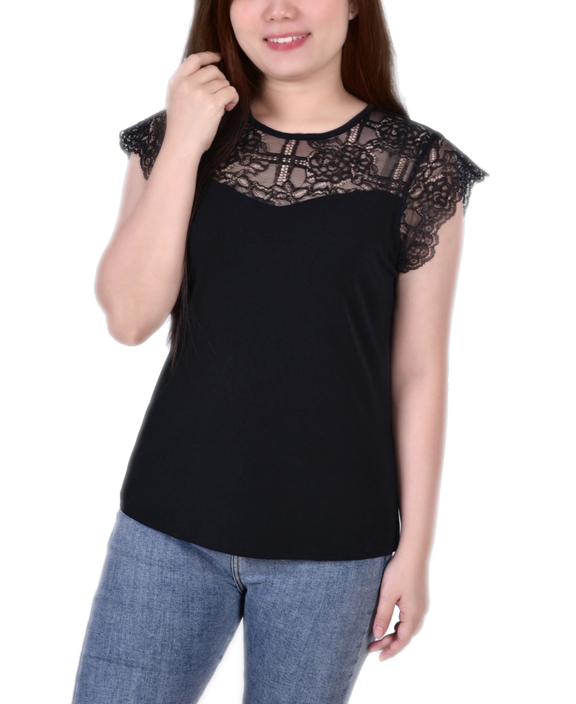 Petite Size Crepe Knit Top With Lace Flanged Sleeve Yoke