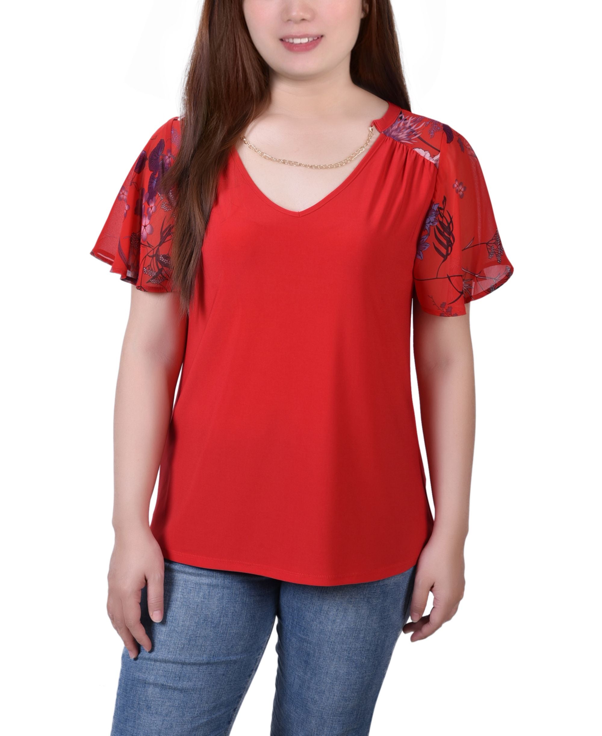 NY Collection Petite Printed Chiffon Sleeve V Neck Necklace Top