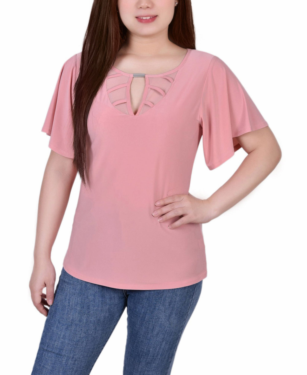 Petite Mesh Flutter Sleeve Knit Top