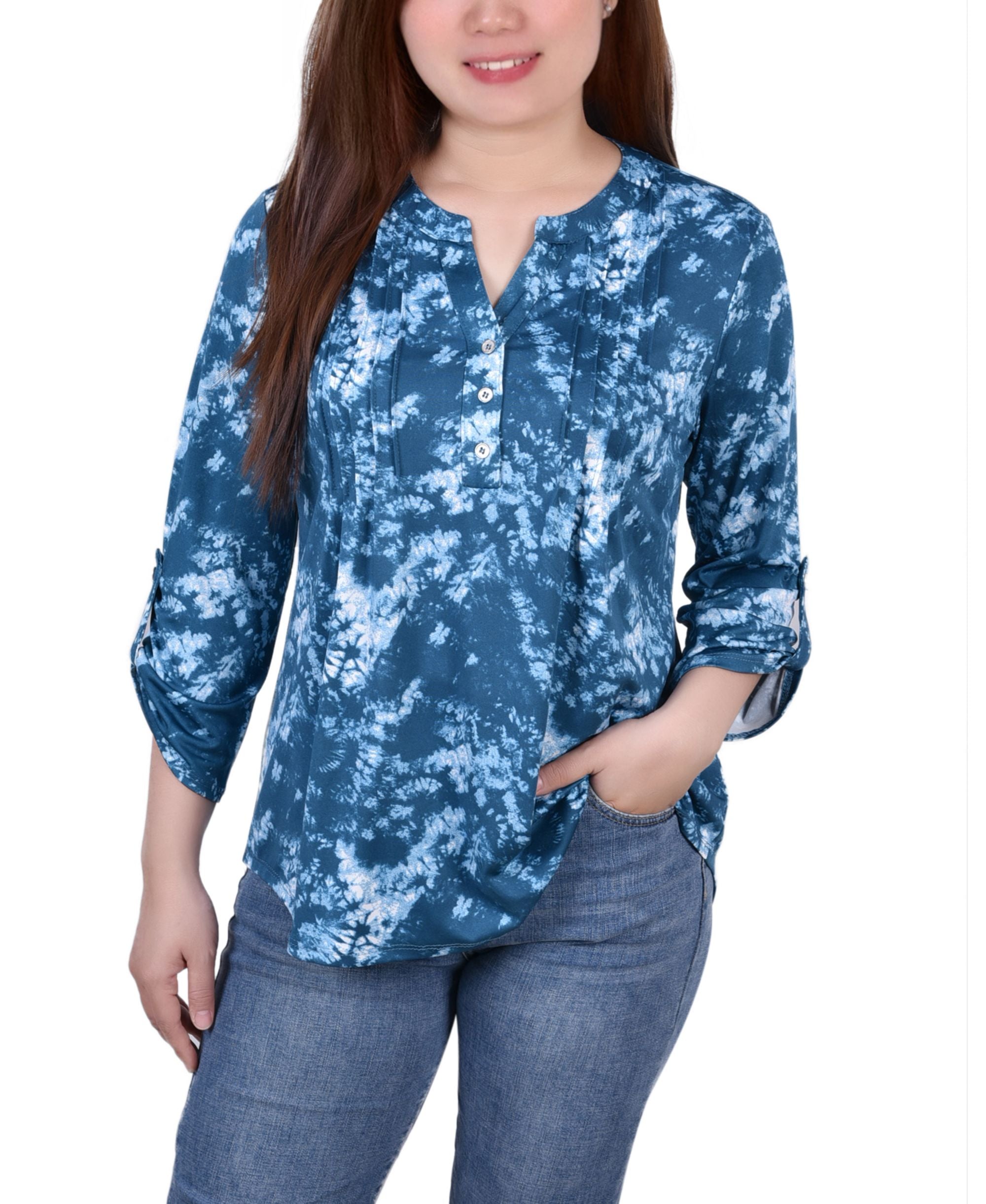 Petite Knit Jacquard 3/4 Sleeve Roll Tab Top