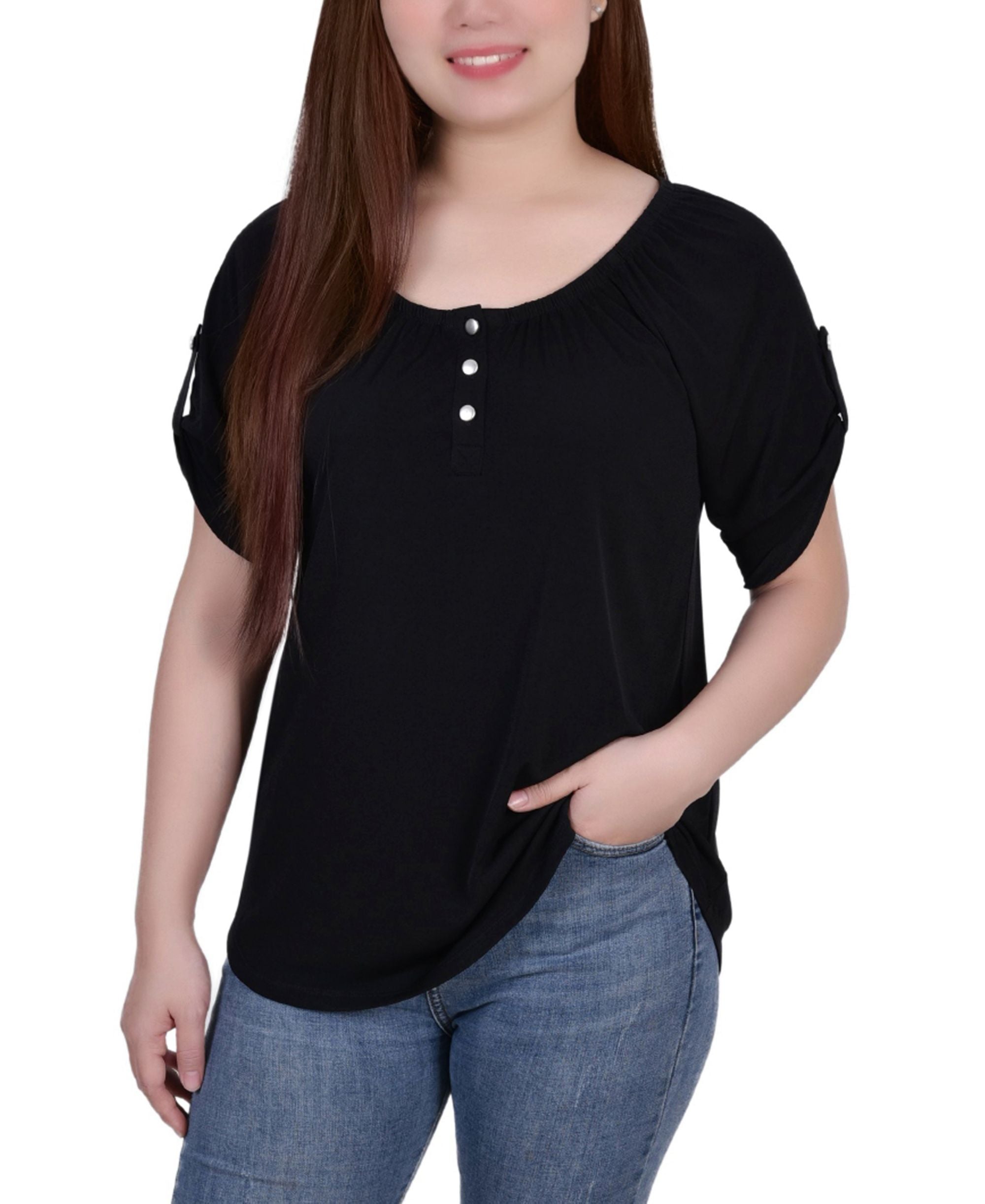 Petite Size Short Sleeve Round Neck Henley Top