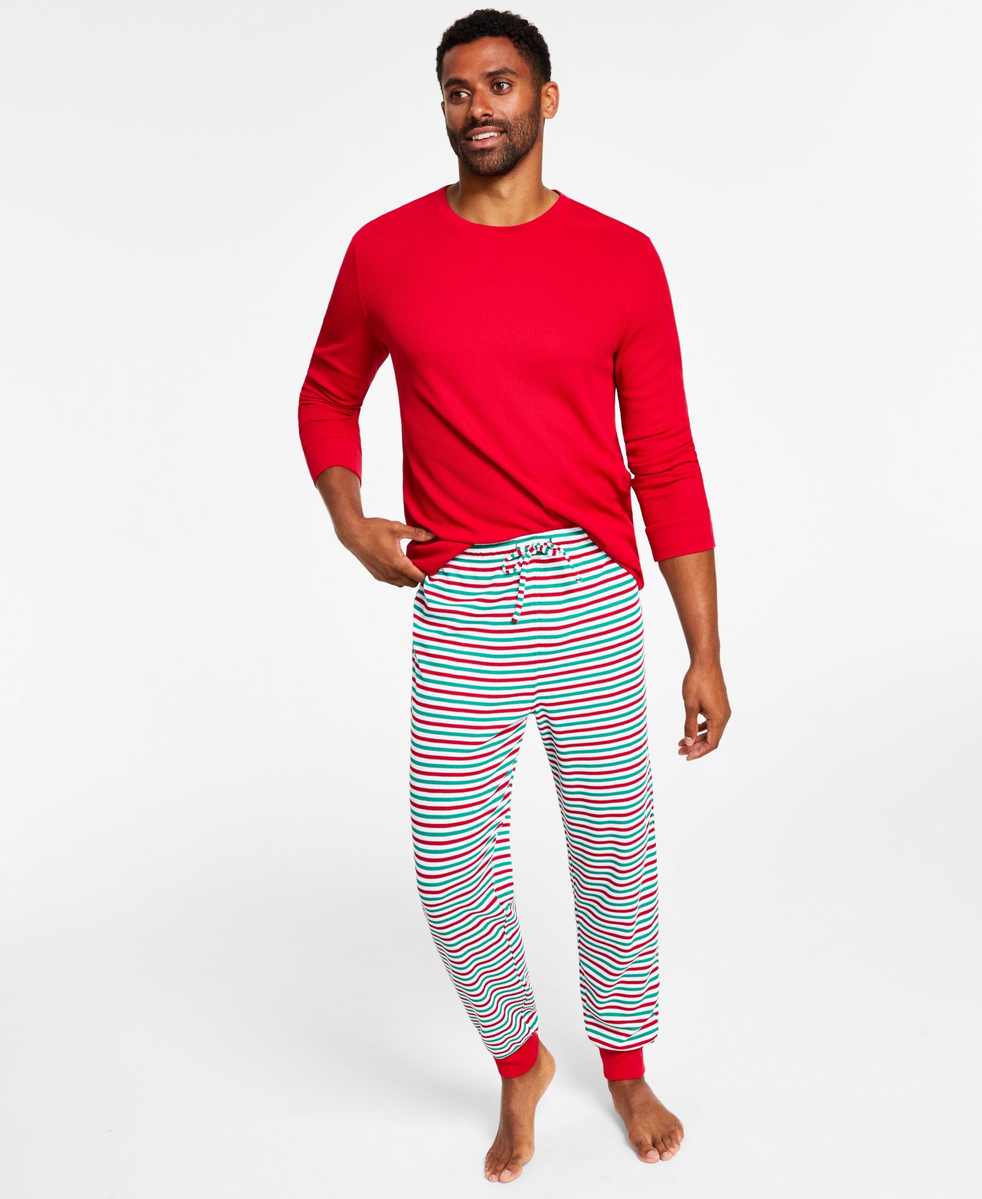 Matching Men's Thermal Waffle Holiday Stripe Mix It Pajama Set