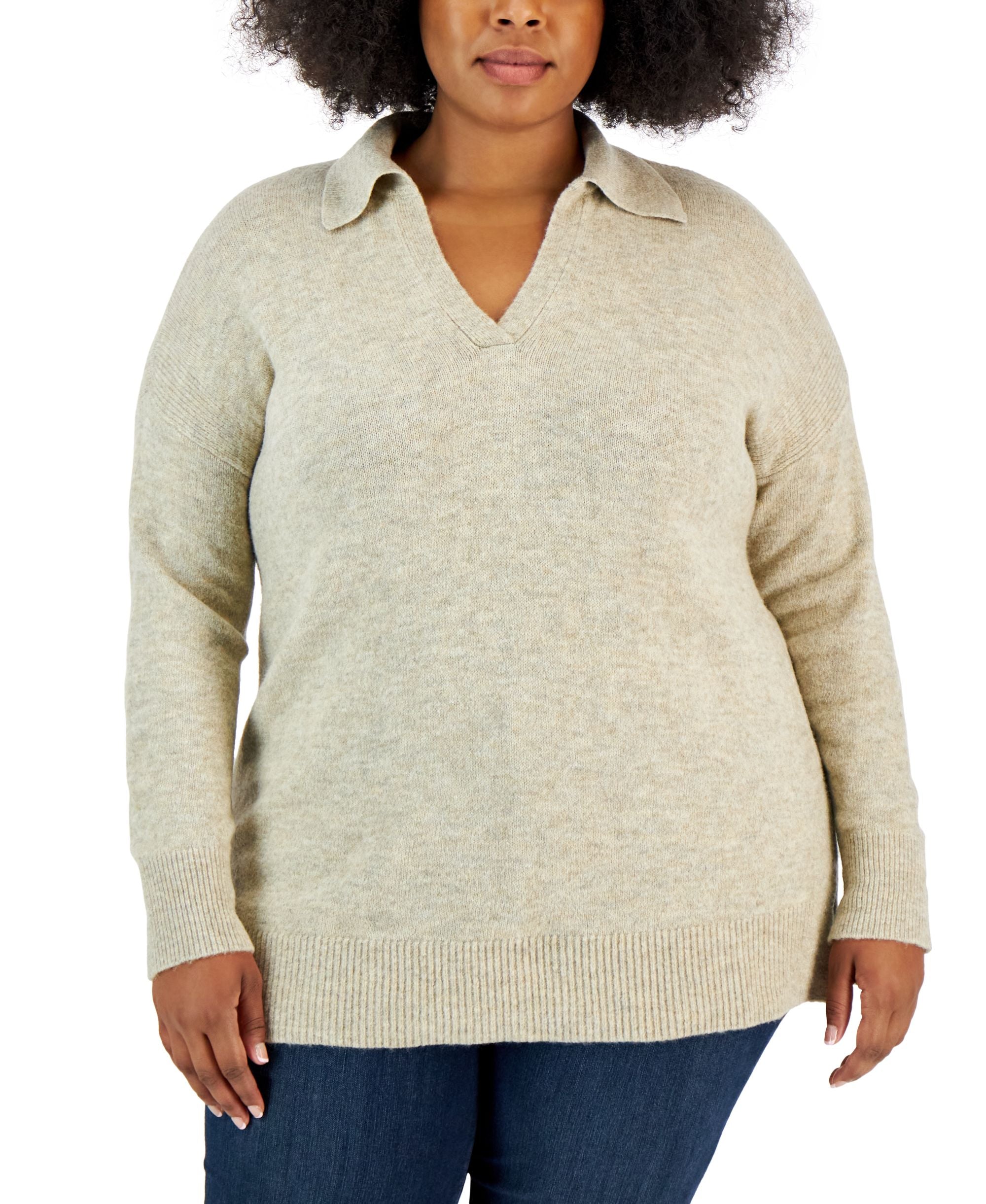 Style & Co Plus Size Solid Johnny Collar Sweater